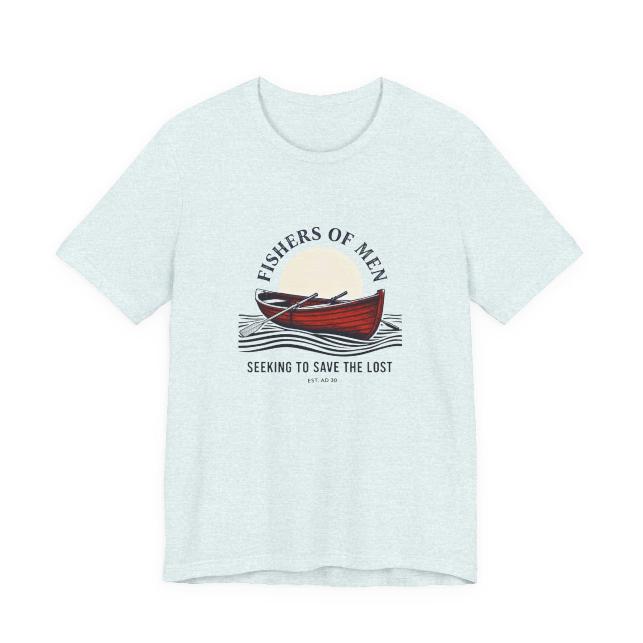 Light blue t-shirt with a graphic of a red canoe and text on a white background