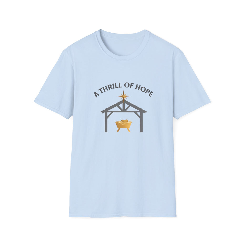 Light blue t-shirt with nativity scene graphic and 'A Thrill of Hope' text on a white background