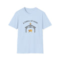 Light blue t-shirt with nativity scene graphic and 'A Thrill of Hope' text on a white background