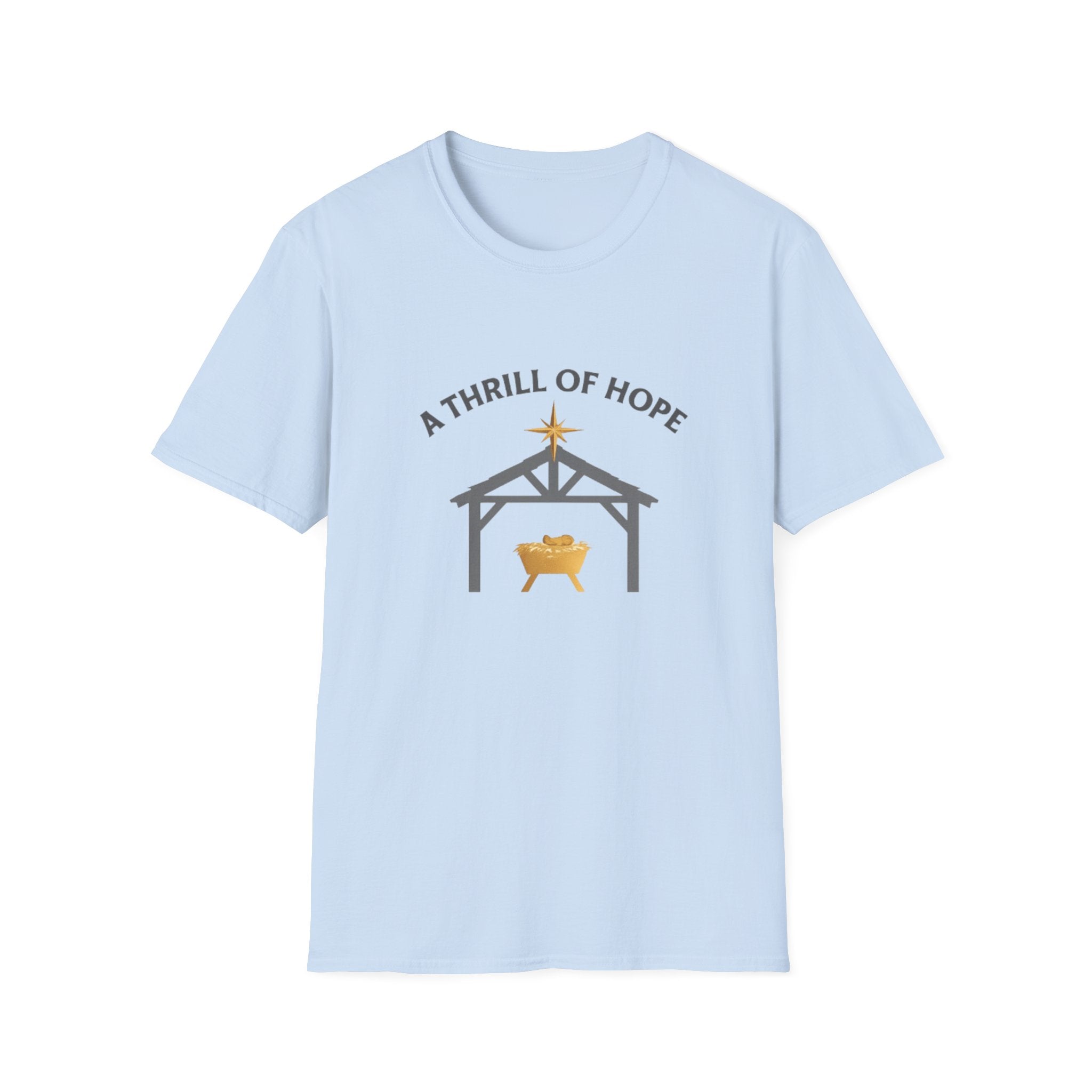Light blue t-shirt with nativity scene graphic and 'A Thrill of Hope' text on a white background
