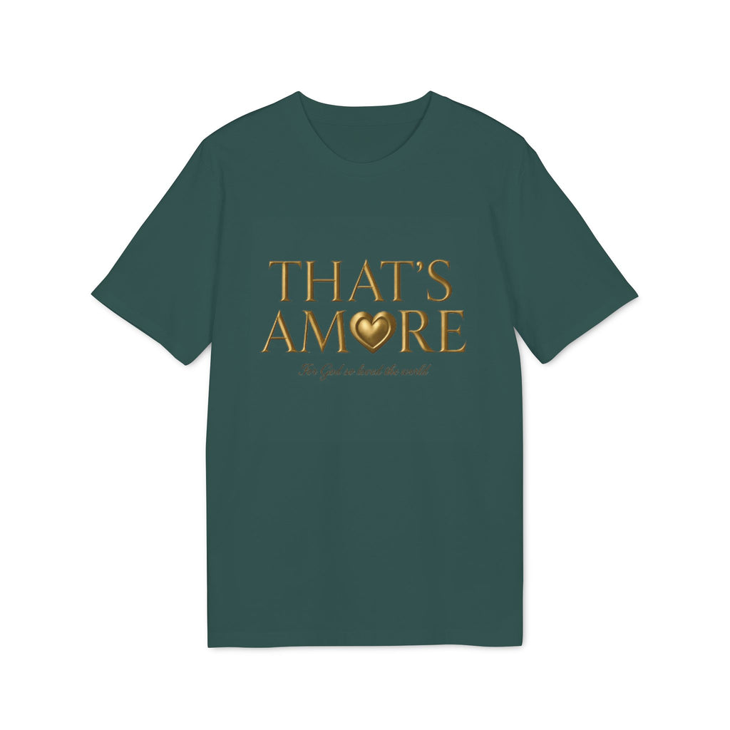 Green t-shirt with 'THAT'S AMORE' text and heart design on a white background
