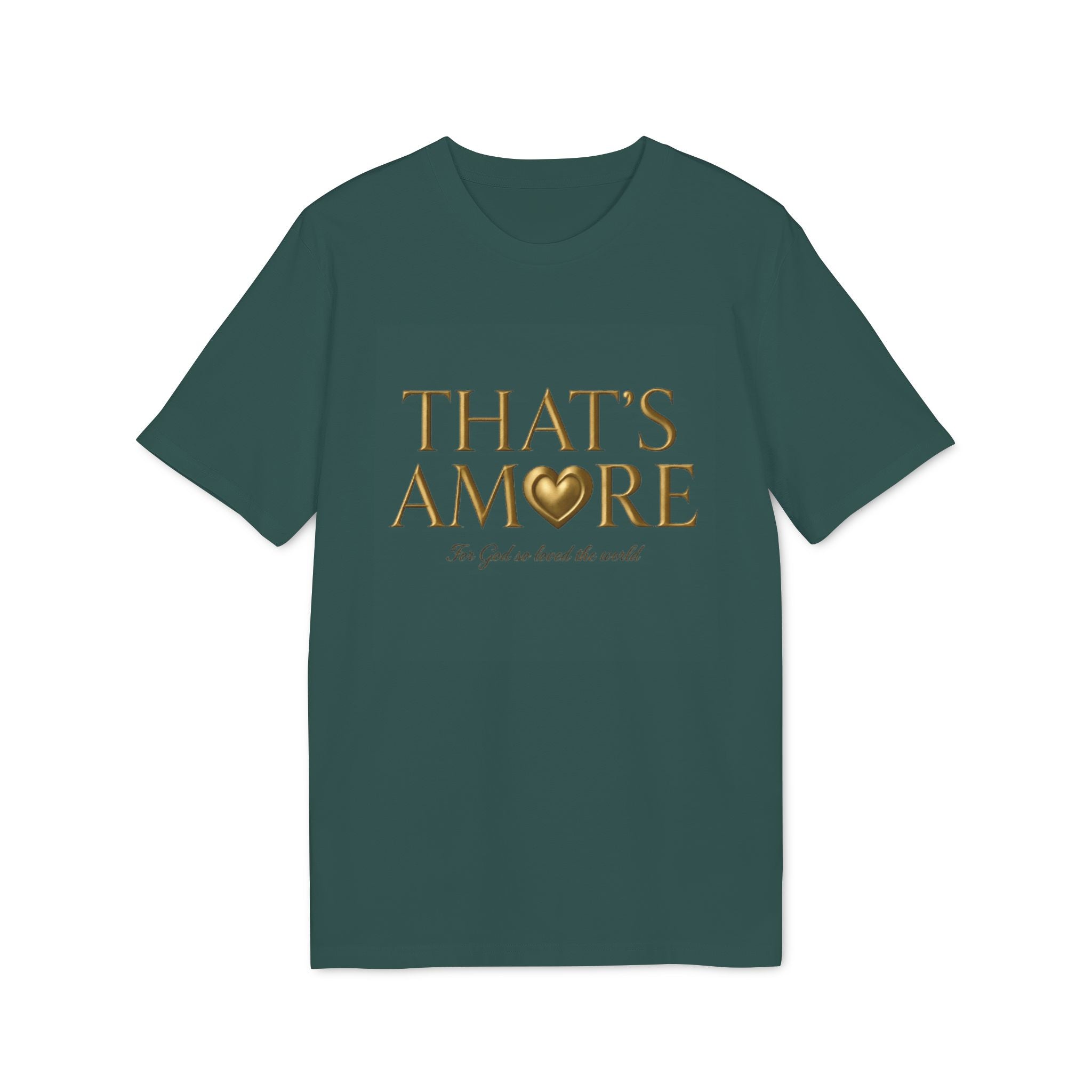Green t-shirt with 'THAT'S AMORE' text and heart design on a white background