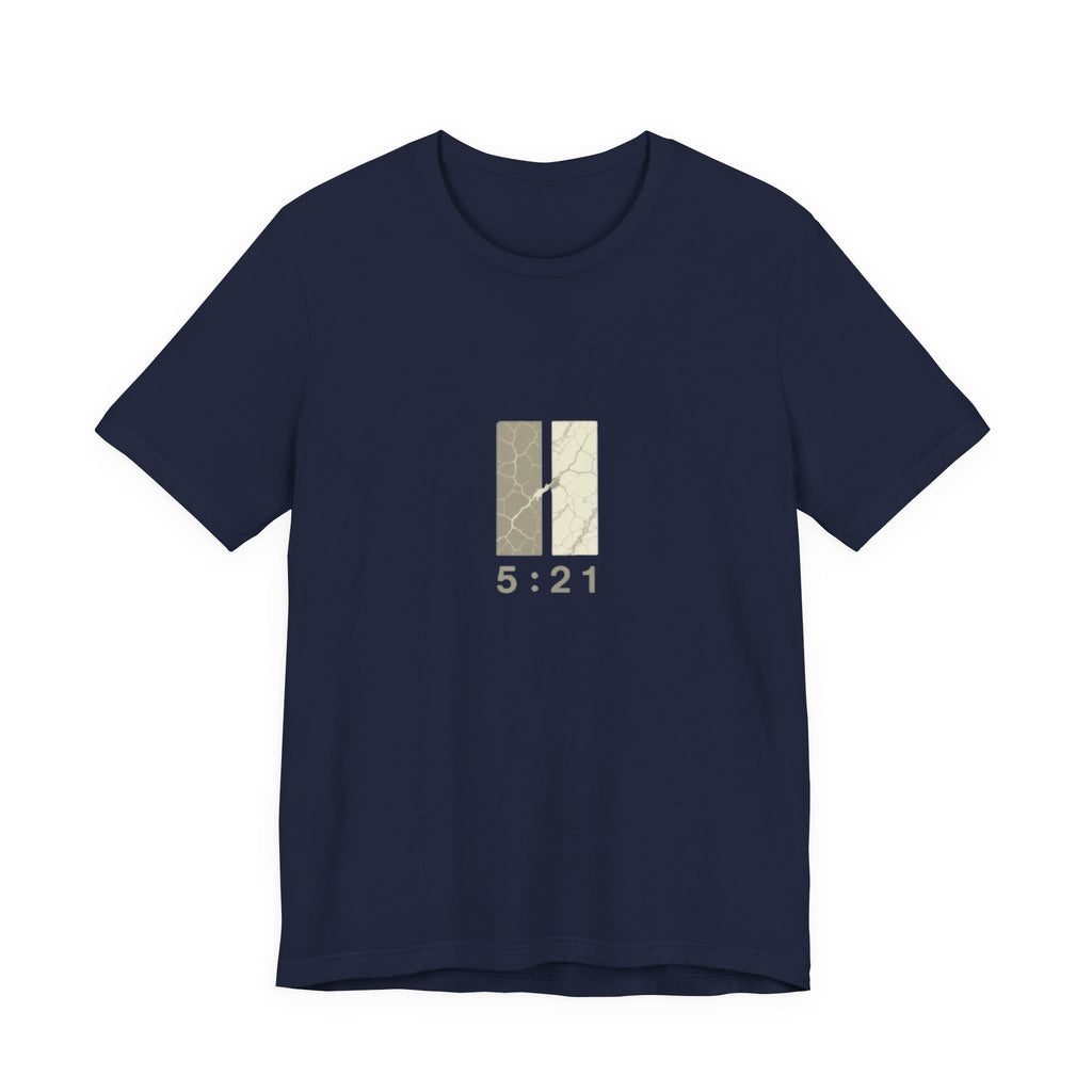 The Great Exchange 2 Corinthians 5:21 Tee in Navy — front view showing Great Exchange gospel graphic, Christian faith tee by 4HG