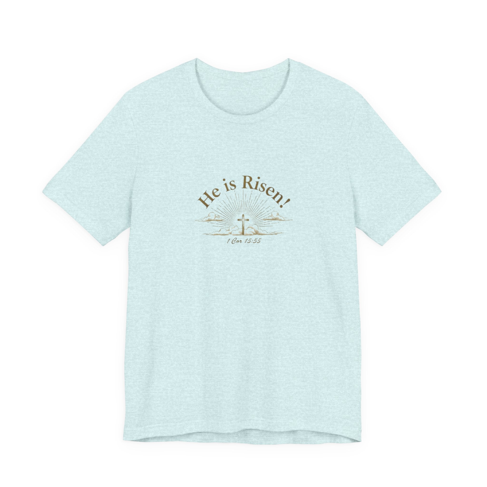 Light blue t-shirt with 'He is Risen!' text and cross design on a white background