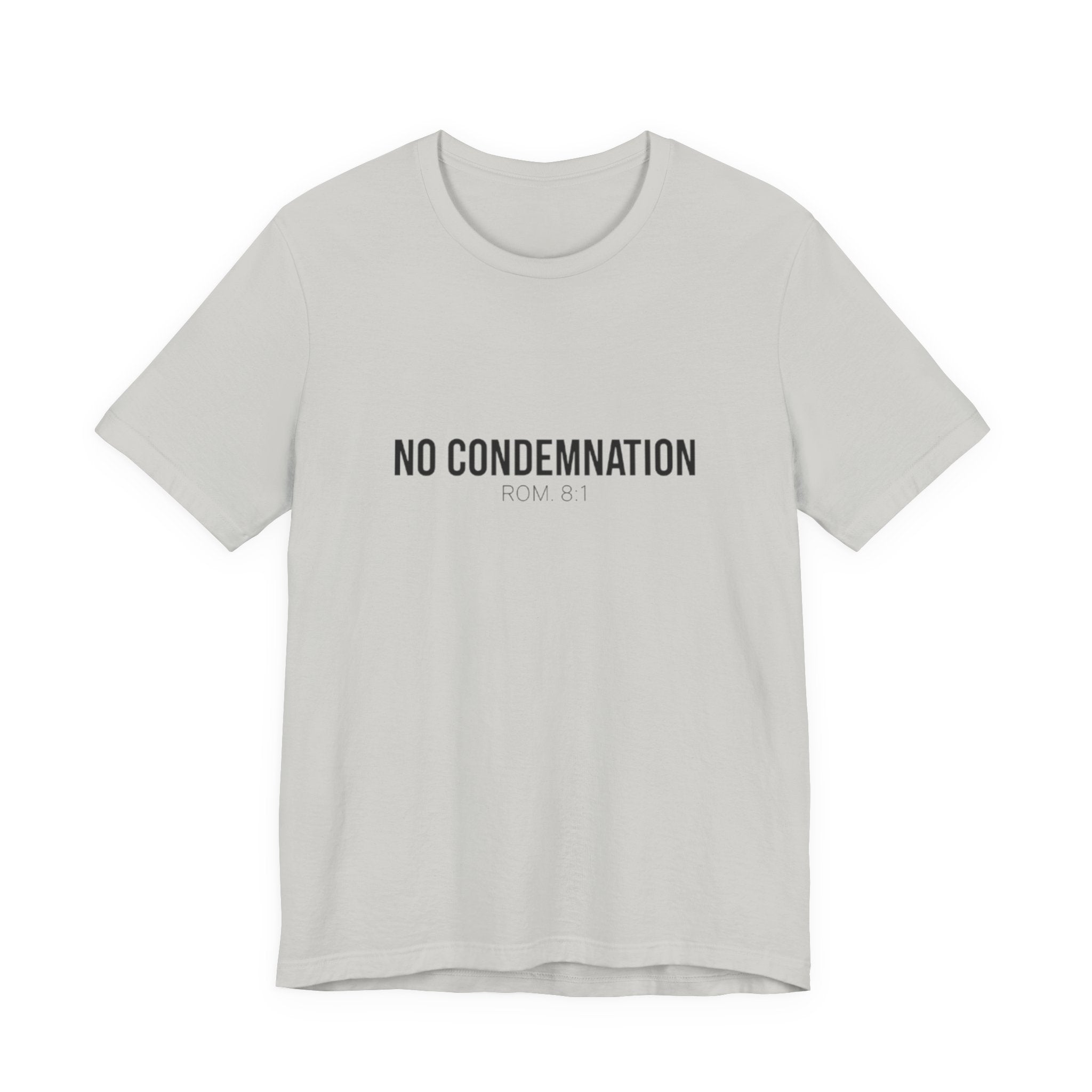Gray t-shirt with 'NO CONDEMNATION ROM 8:1' text on a white background