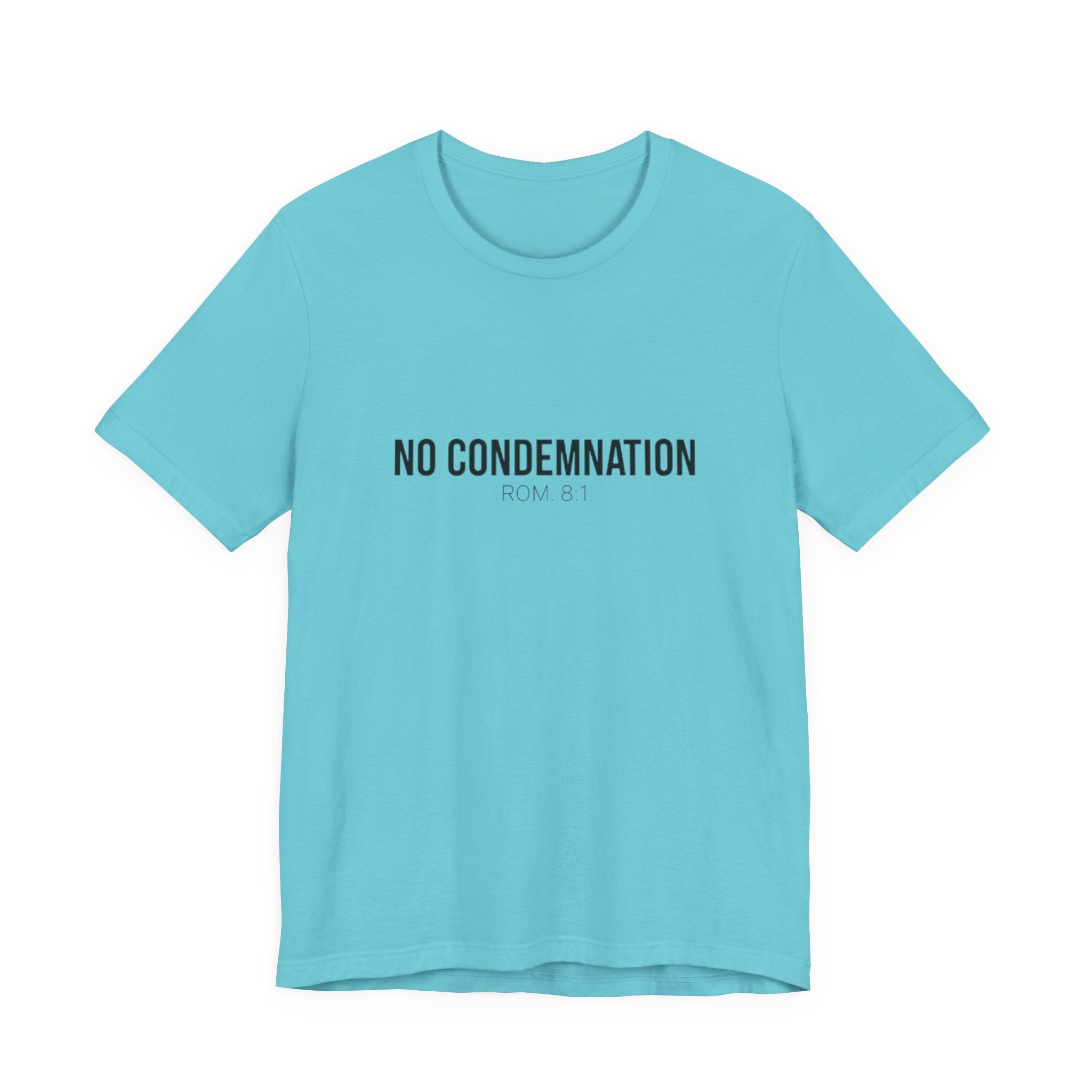 Light blue t-shirt with 'NO CONDEMNATION ROM. 8:1' text on a white background
