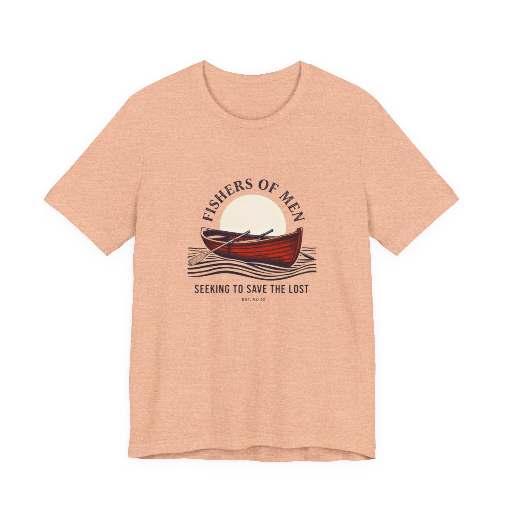 Peach t-shirt with a graphic of a canoe and text on a white background