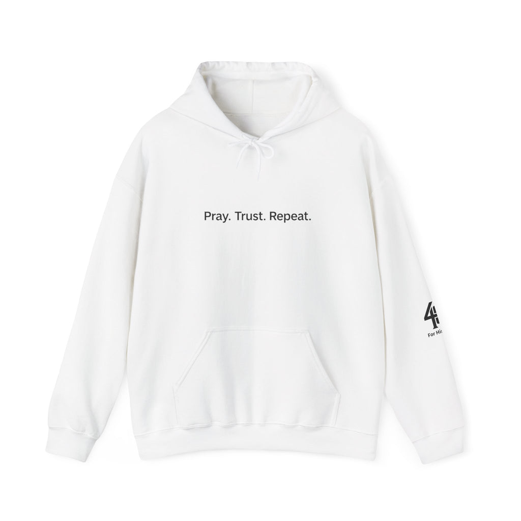 White hoodie with text and logo on a white background