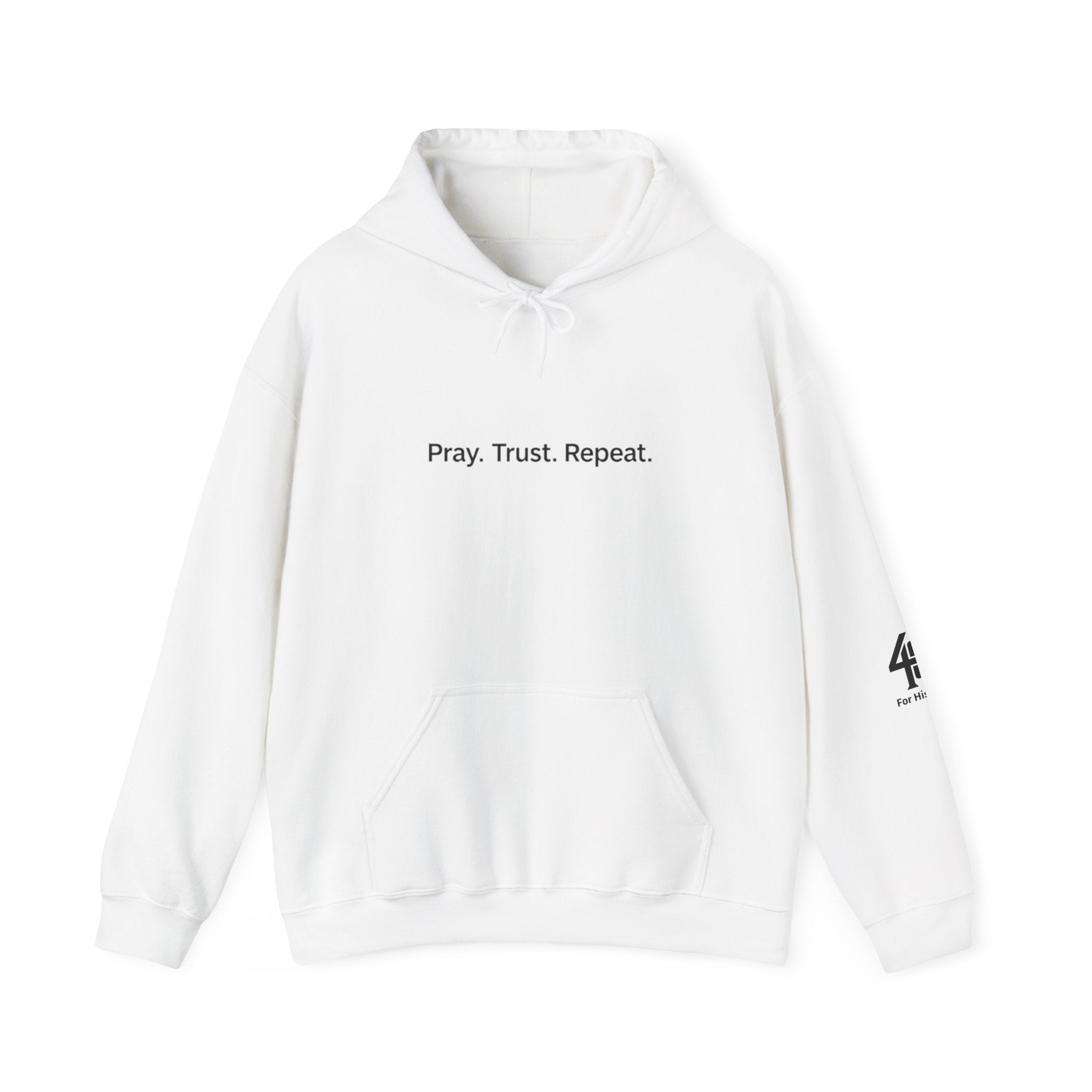 White hoodie with text and logo on a white background