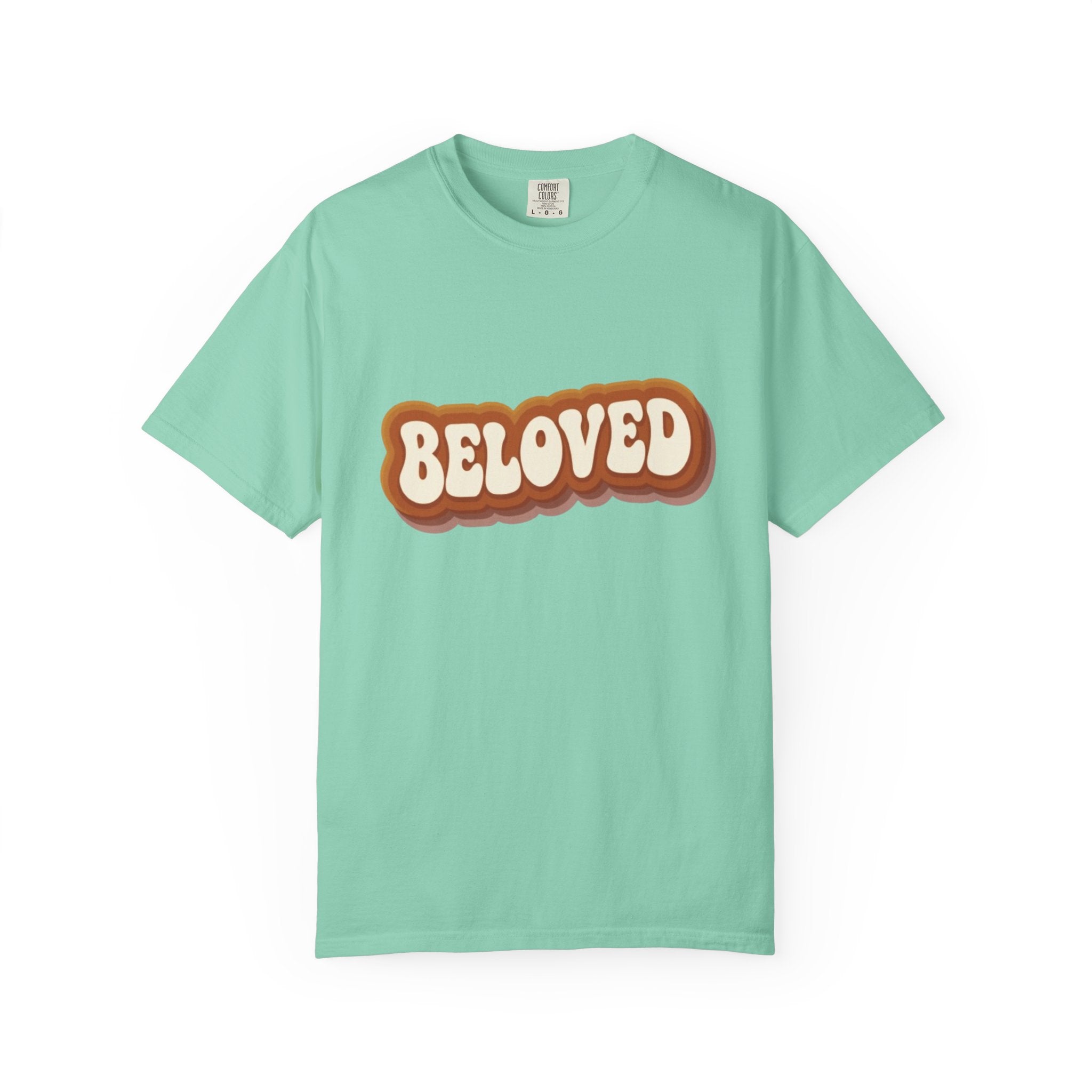 Mint green t-shirt with 'BELoved' text on a white background
