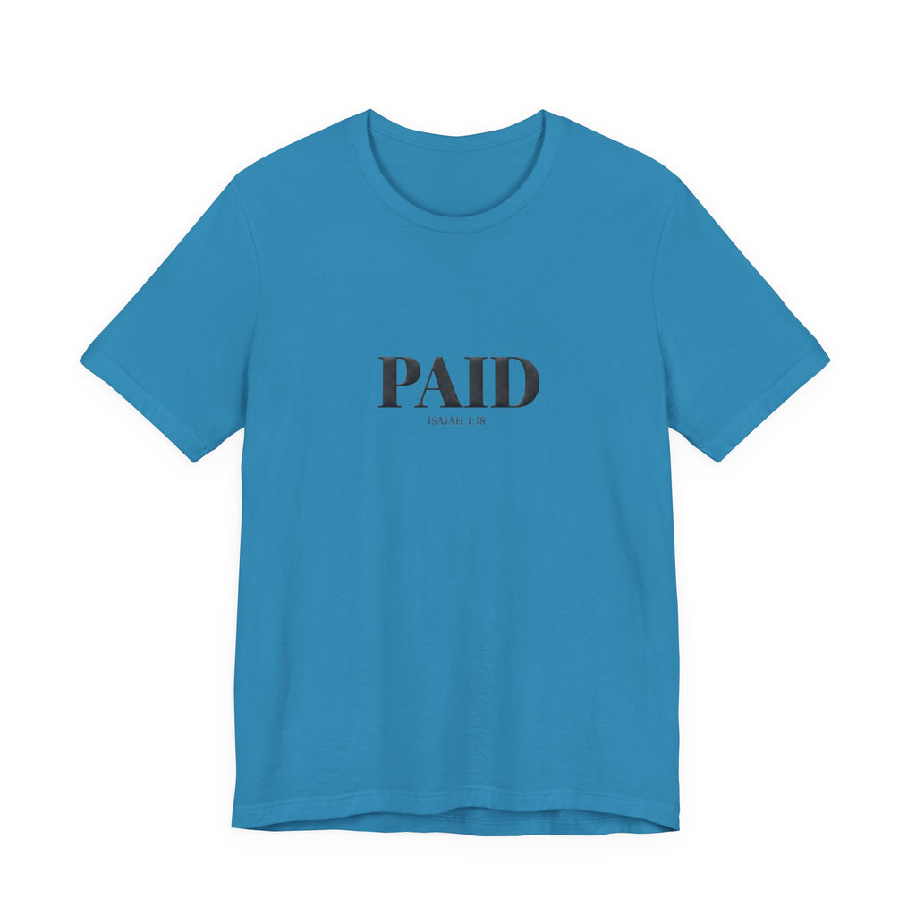 Blue t-shirt with 'PAID' text on a white background