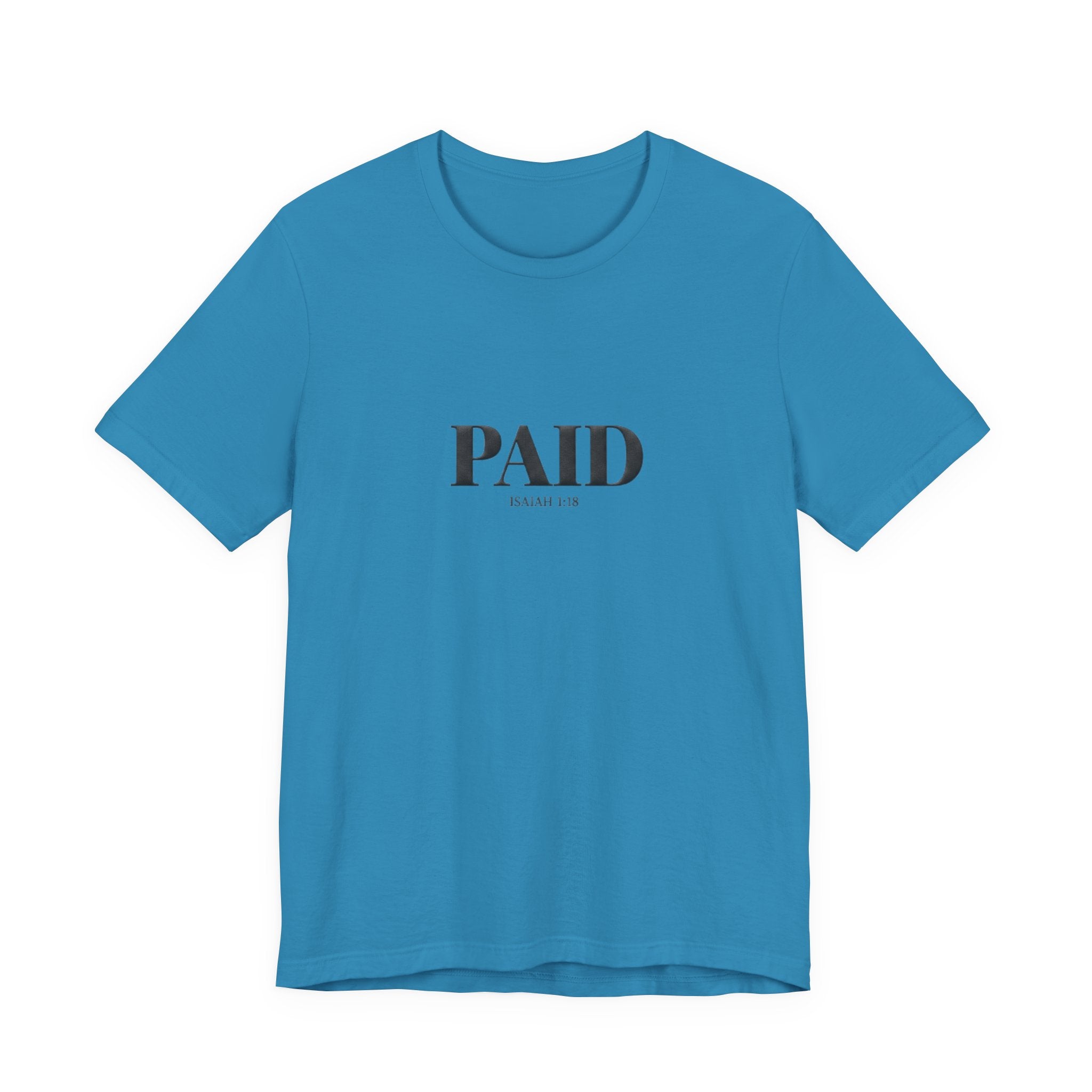 Blue t-shirt with 'PAID' text on a white background