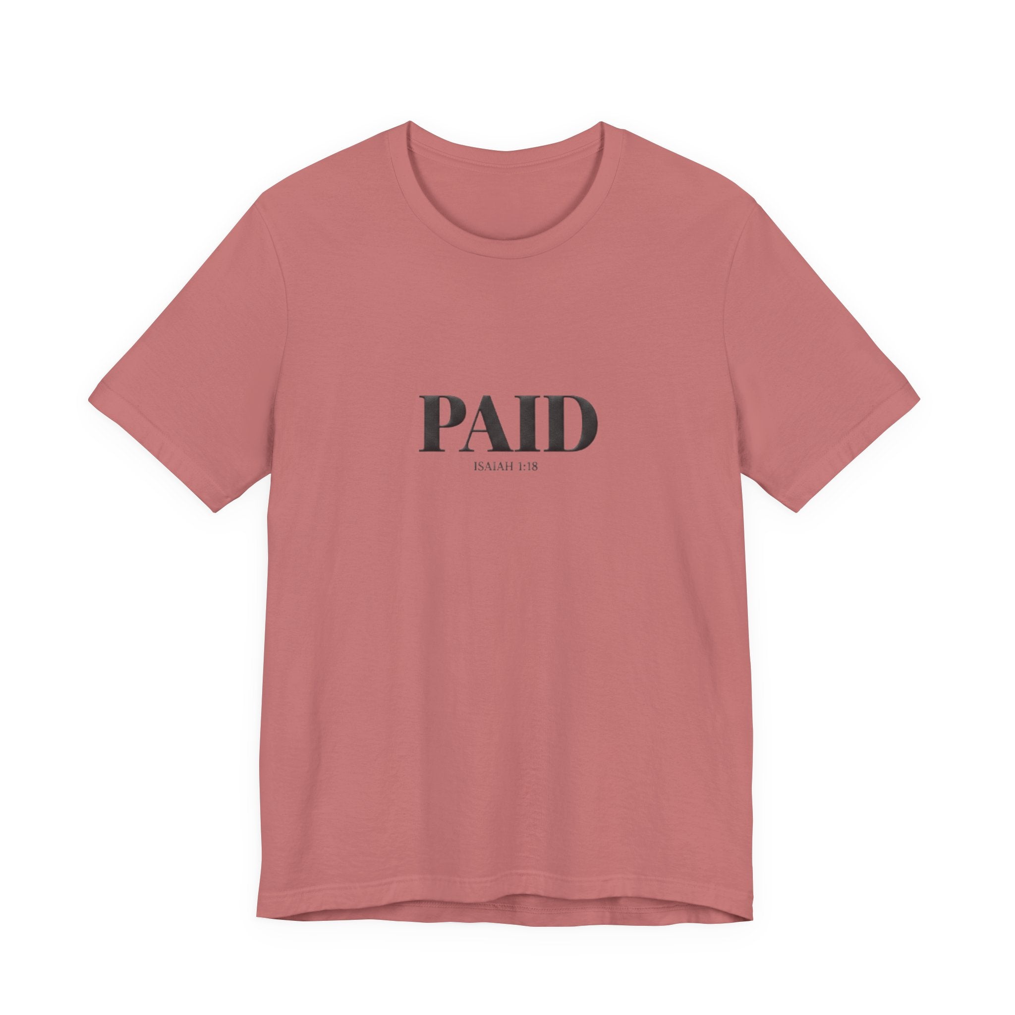 PAID text on salmon t shirt