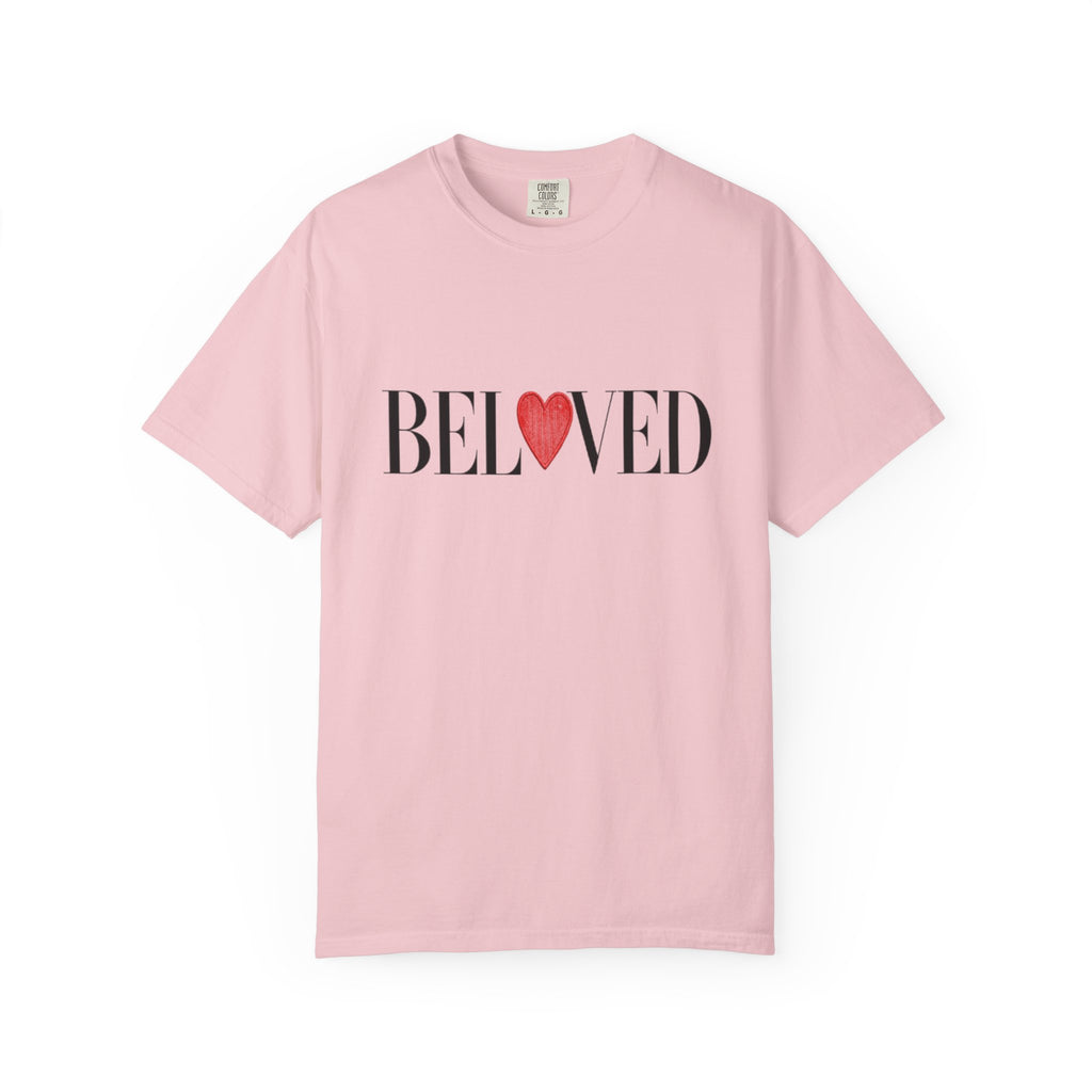 Pink t-shirt with 'BELoved' text and heart graphic on a white background