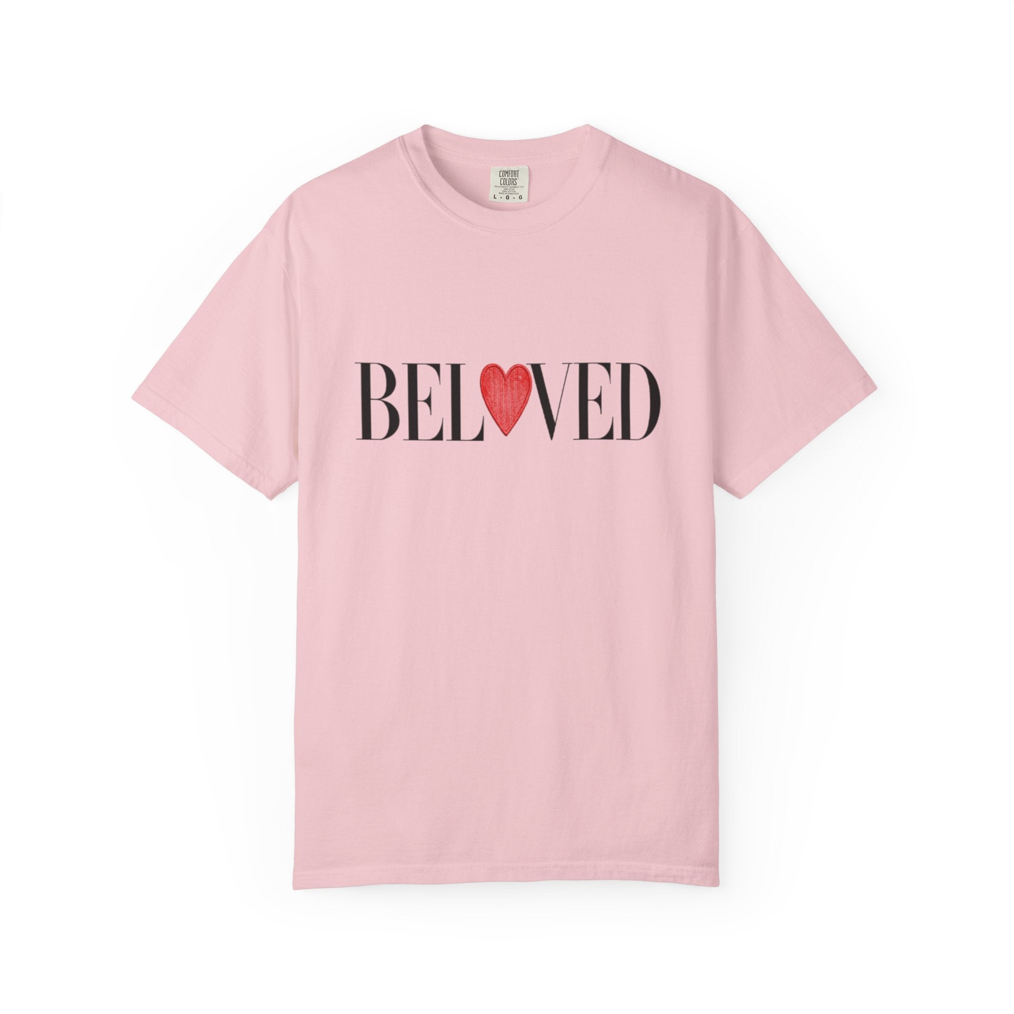 Pink t-shirt with 'BELoved' text and heart graphic on a white background