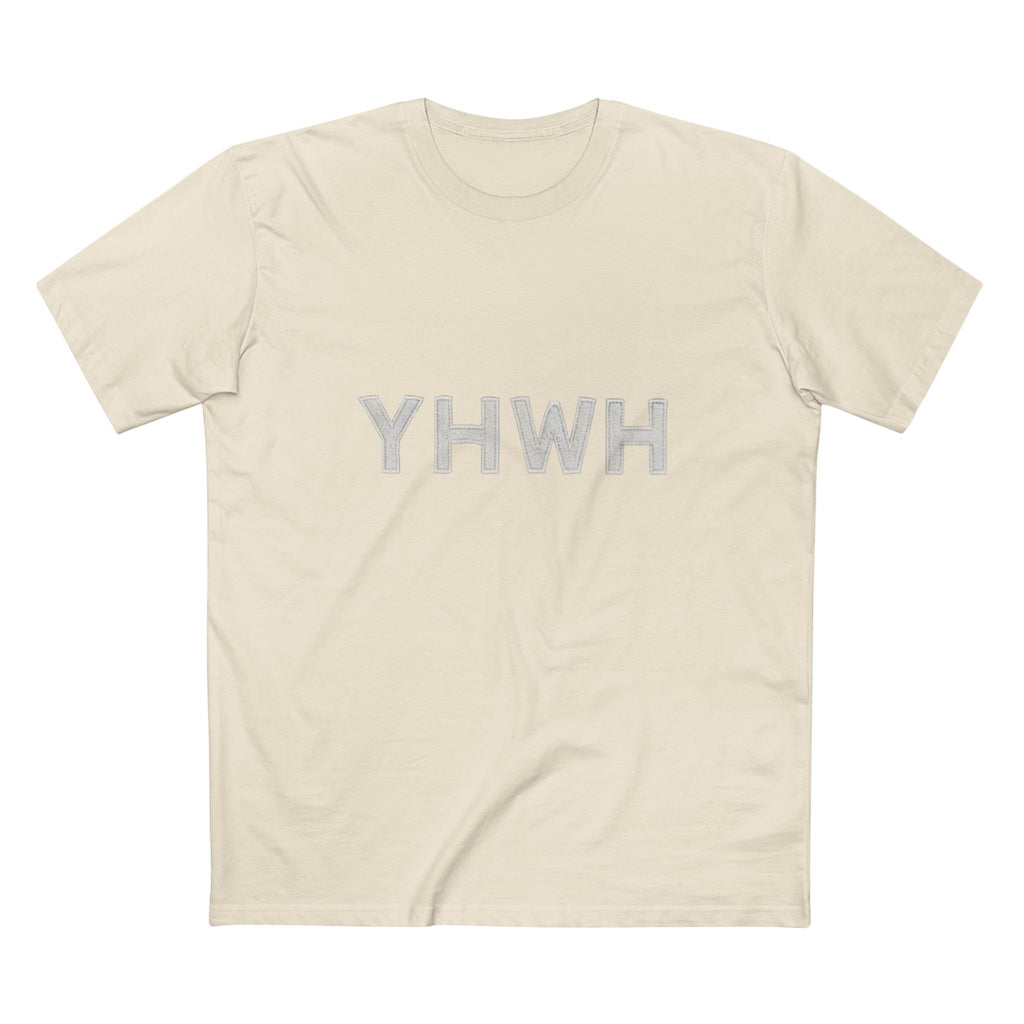 YHWH Tee in Natural — front view showing sacred Hebrew name of God design, Exodus 3:14 faith tee by 4HG