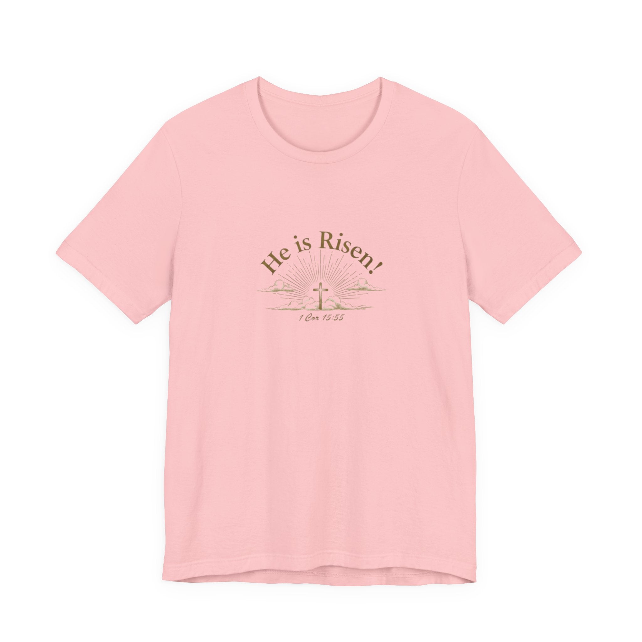 Pink t-shirt with 'He is Risen!' text and cross design on a white background