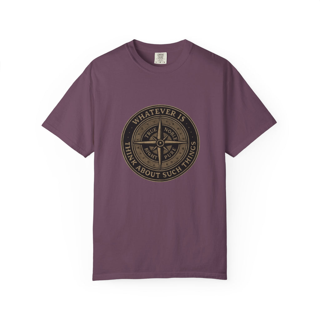 Purple t-shirt with a circular design and text on a white background