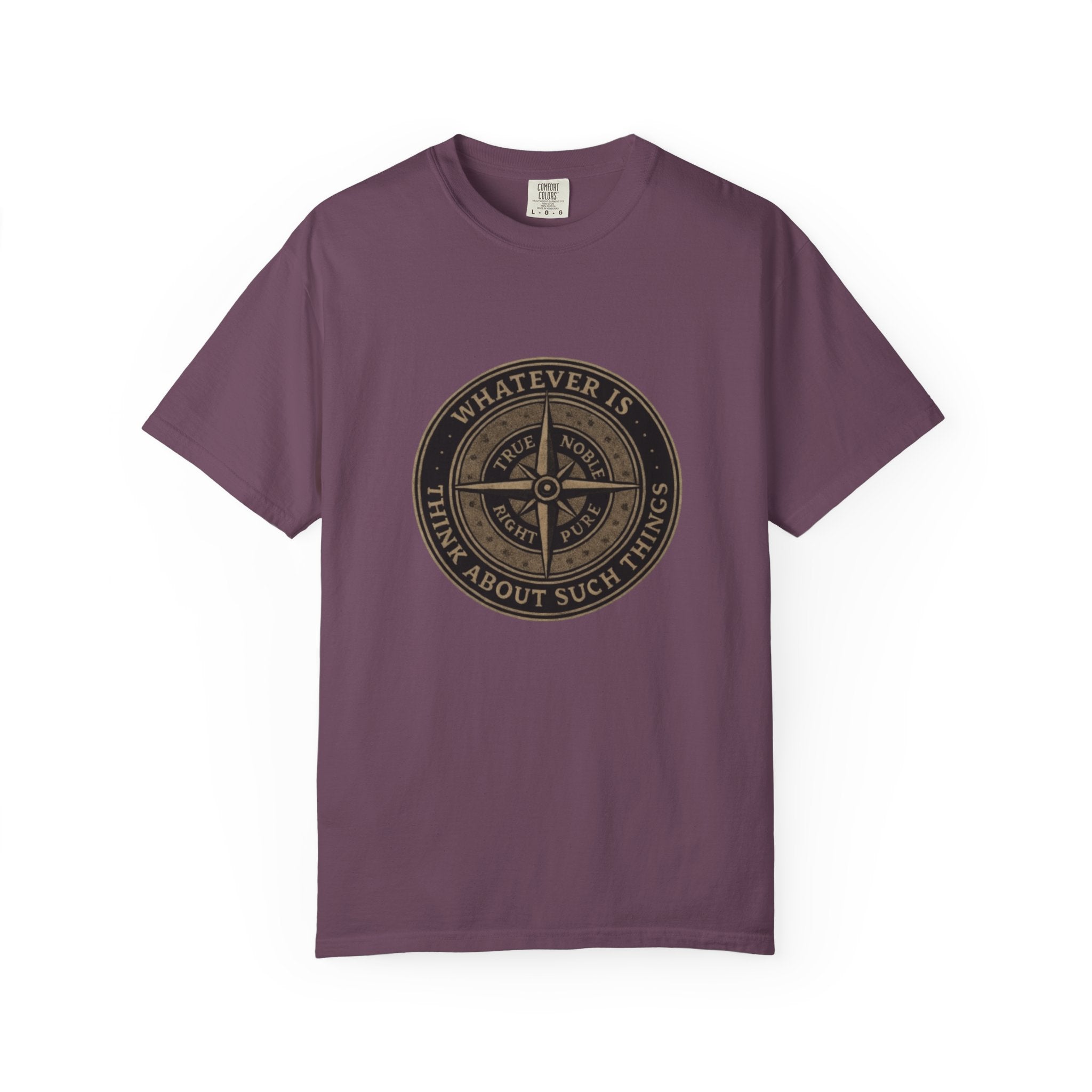 Purple t-shirt with a circular design and text on a white background