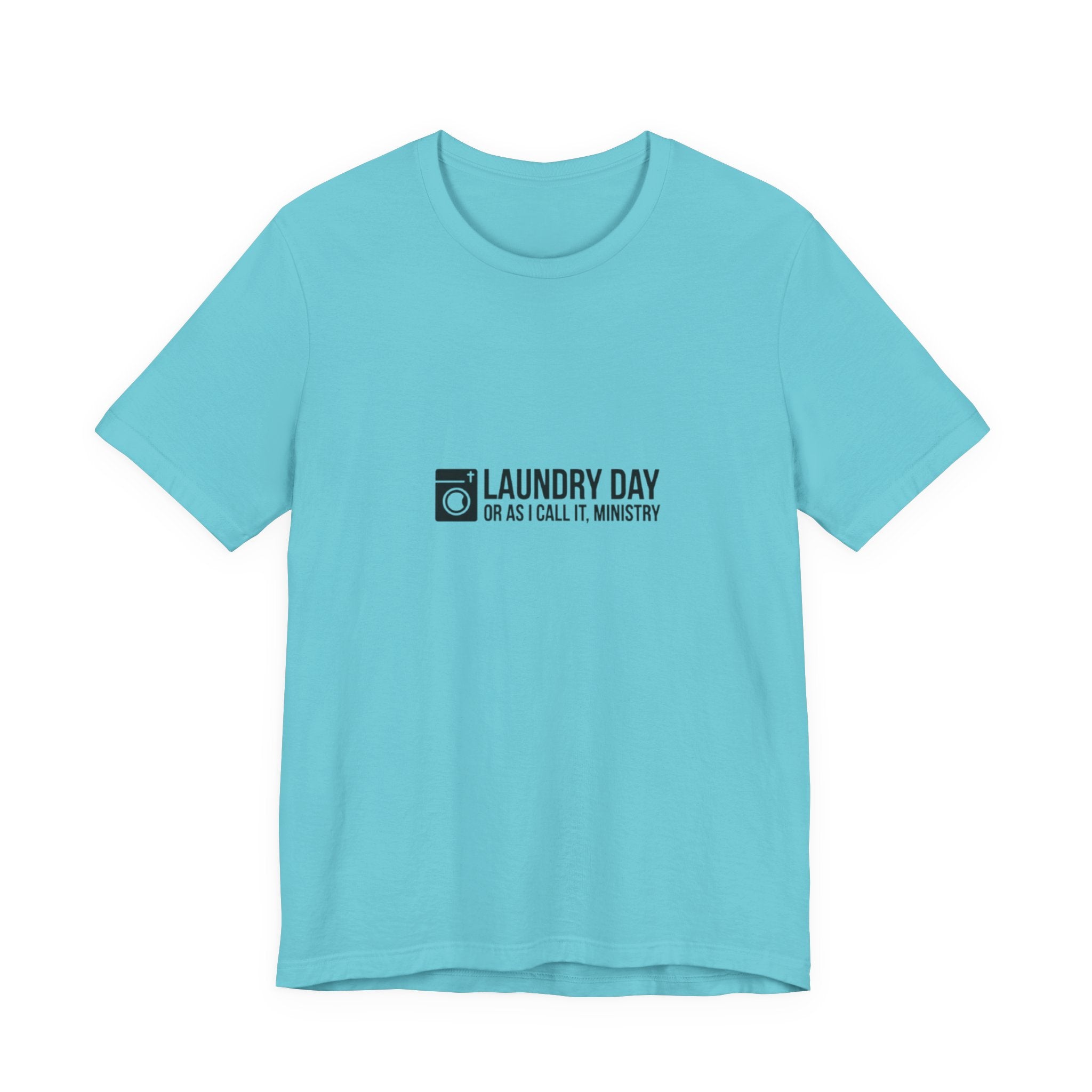 Light blue t-shirt with black text and logo on a white background