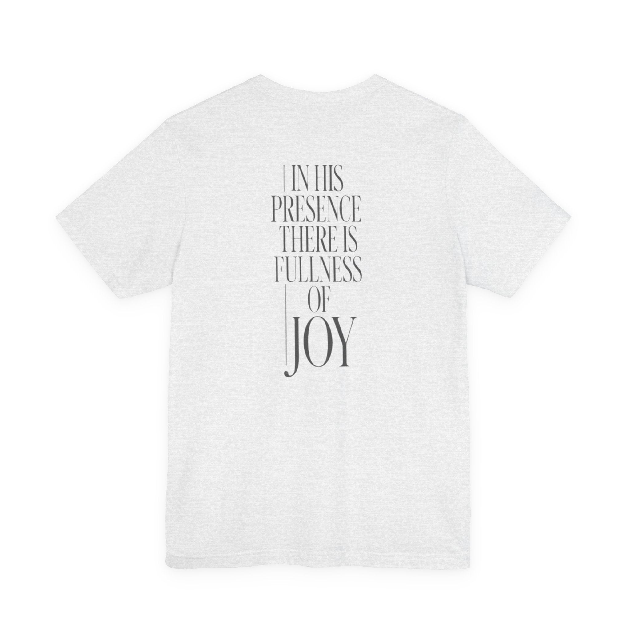 White t-shirt with black text on a white background