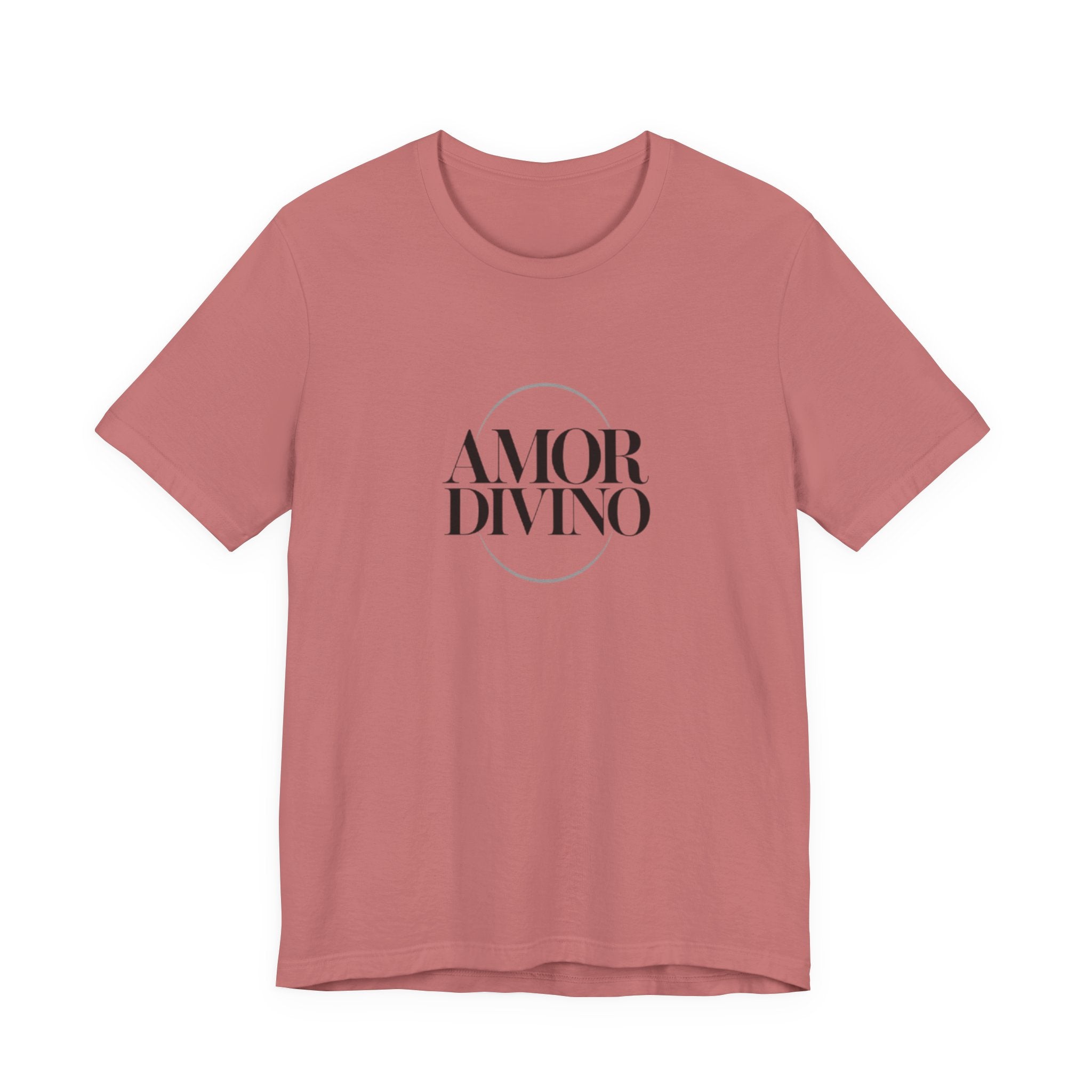 Pink t-shirt with 'AMOR DIVINO' text on a white background