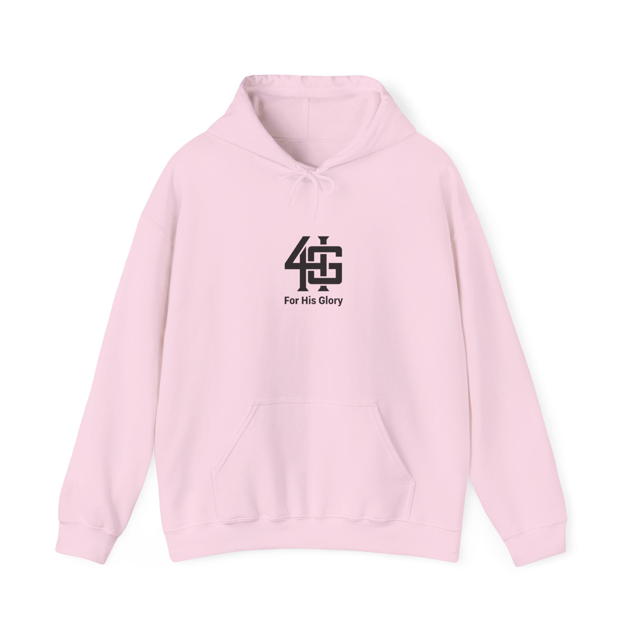 Pink hoodie with a black logo and text on a white background