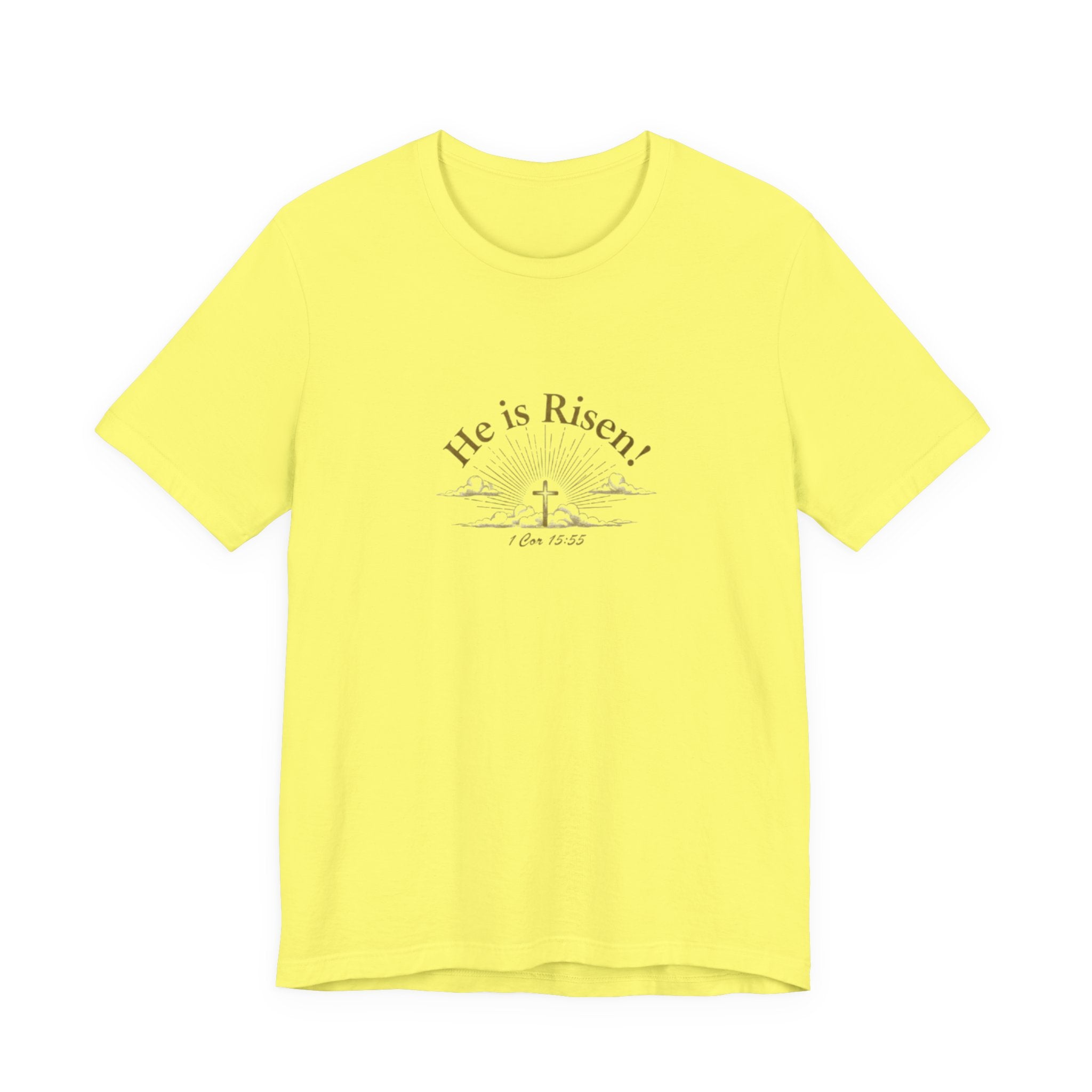 Yellow t-shirt with 'He is Risen!' text and cross graphic on a white background