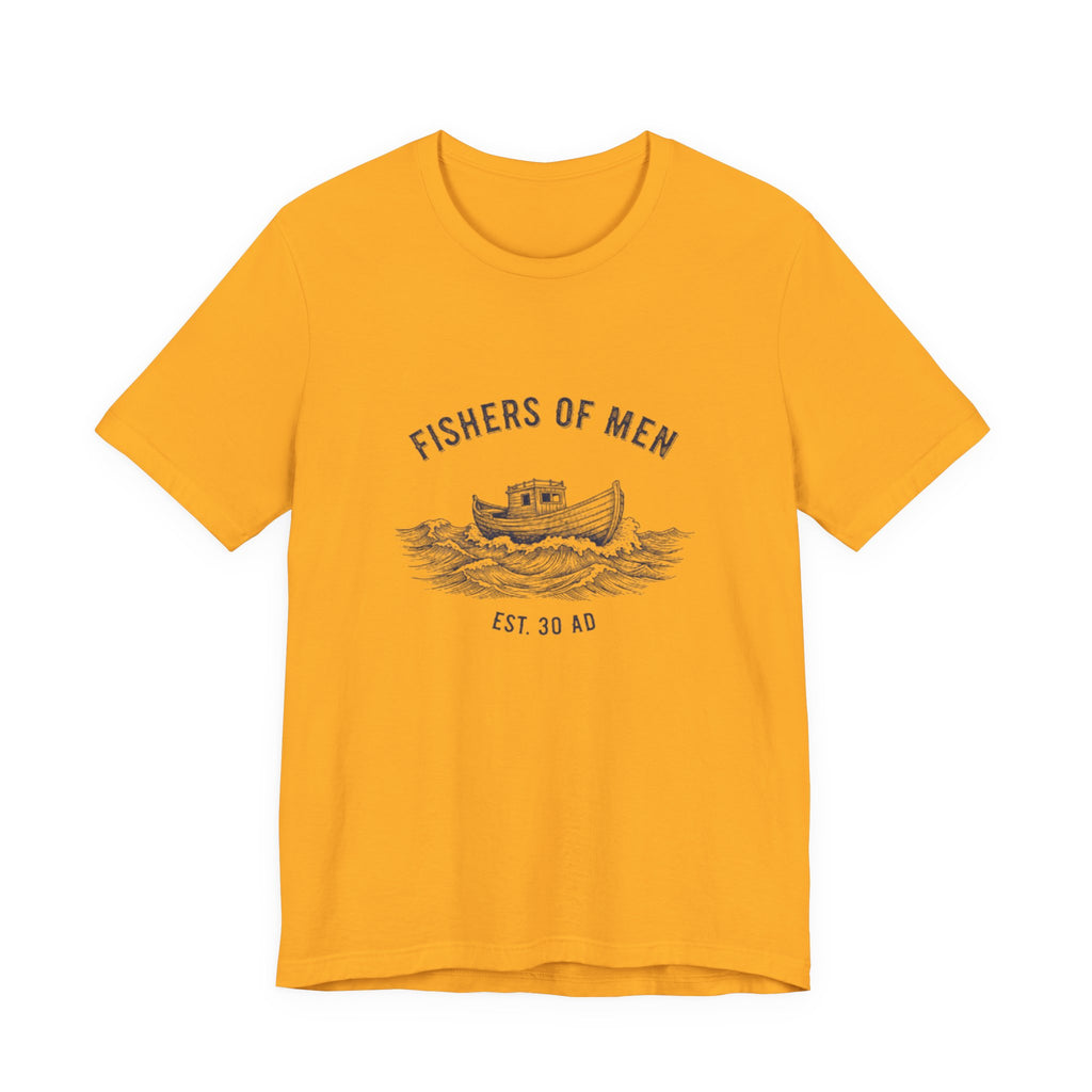 Yellow t-shirt with 'Fishers of Men' graphic design on a white background