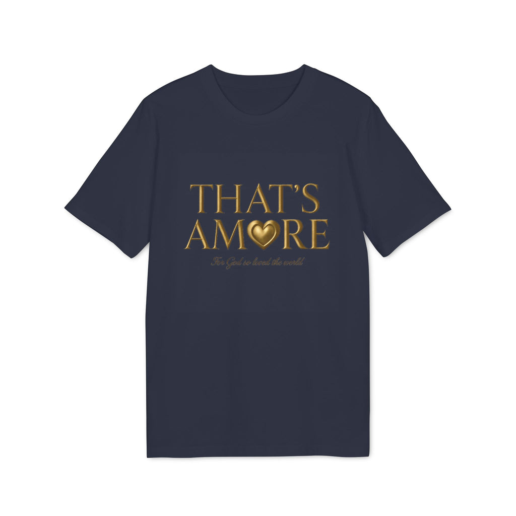 Navy blue t-shirt with 'THAT'S AMORE' text and heart graphic on a white background