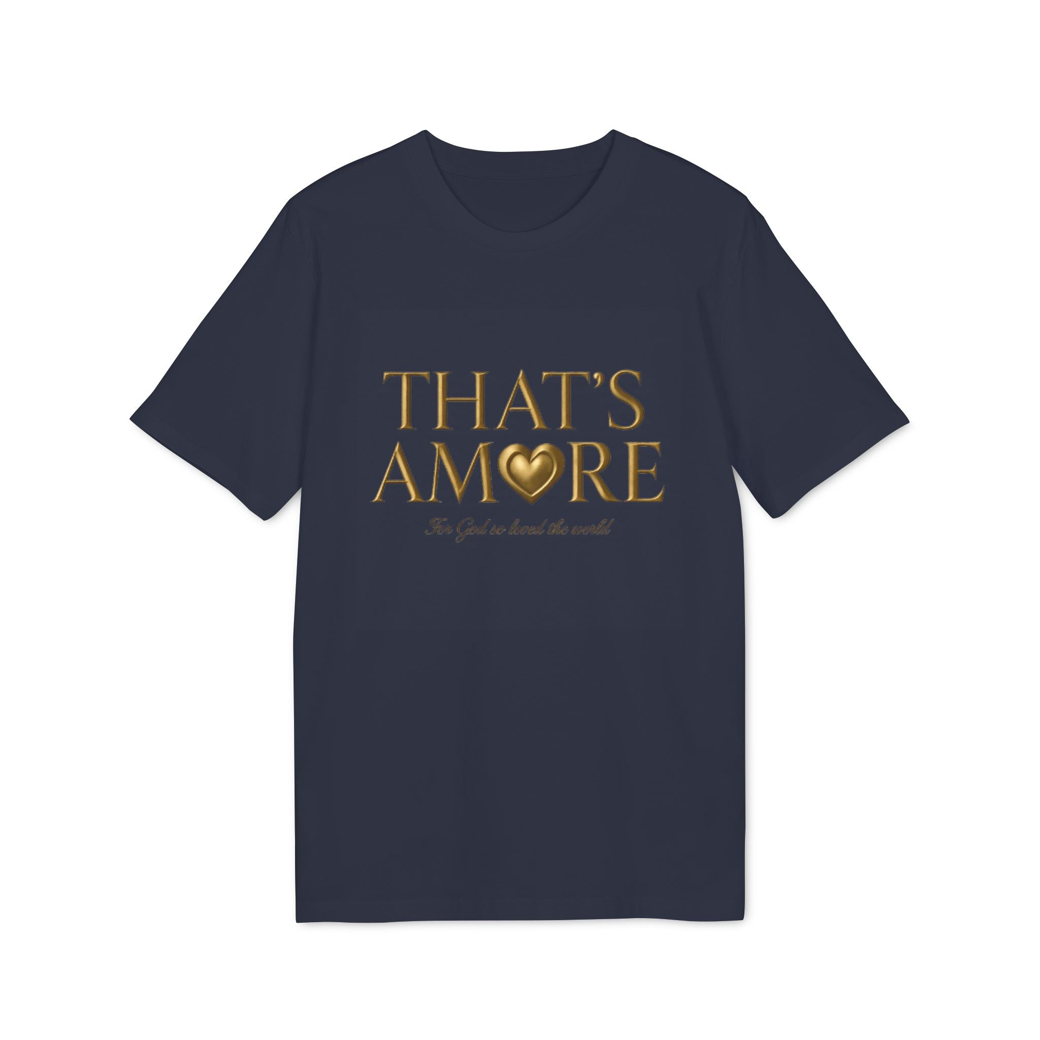 Navy blue t-shirt with 'THAT'S AMORE' text and heart graphic on a white background