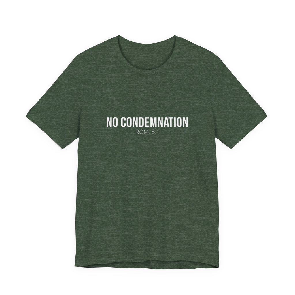 Green t-shirt with 'NO CONDEMNATION ROM 8:1' text on a white background
