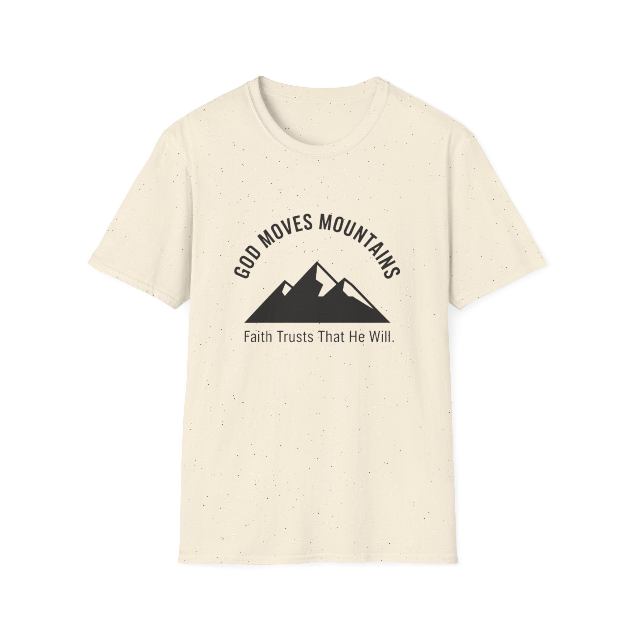 Beige t-shirt with black mountain graphic and text on a white background