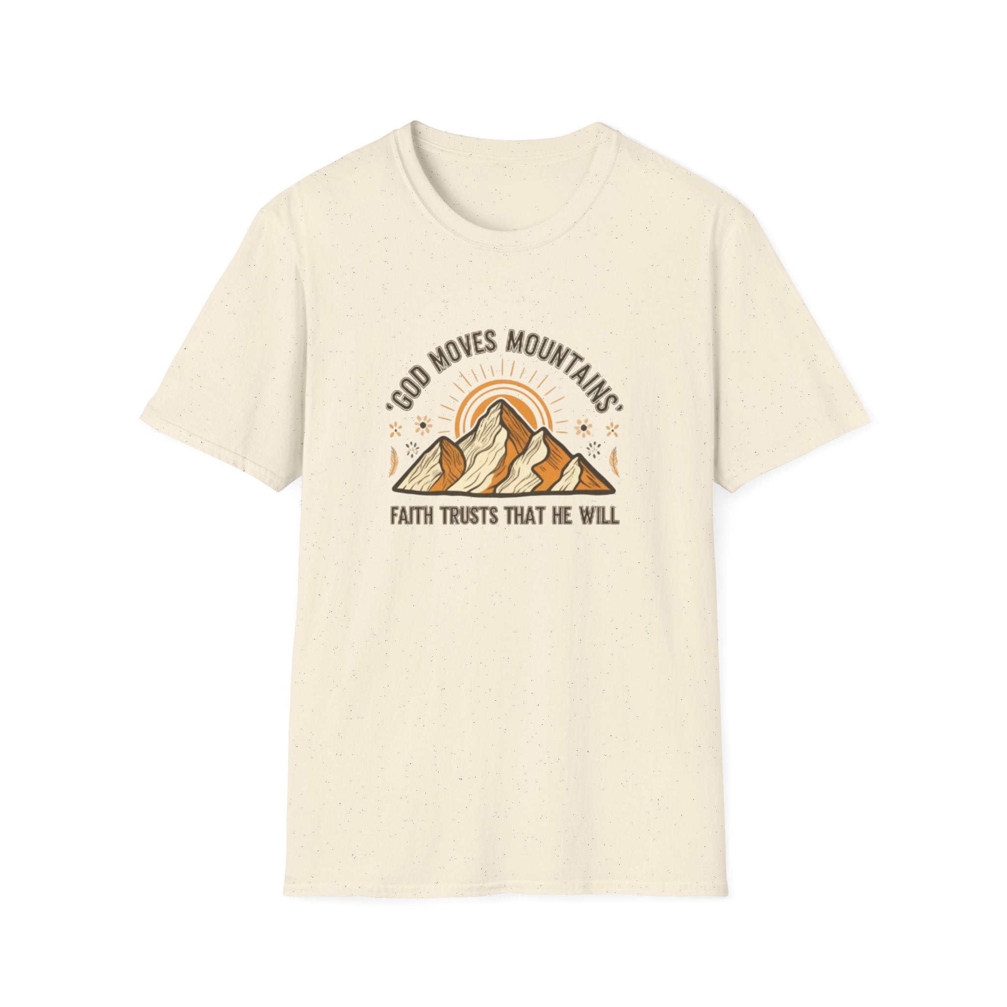 Beige t-shirt with mountain graphic and text on a white background