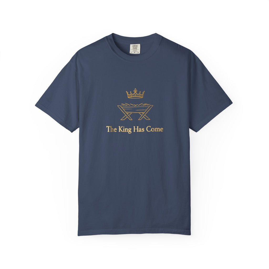Navy blue t-shirt with gold graphic and text 'The King Has Come' on a white background