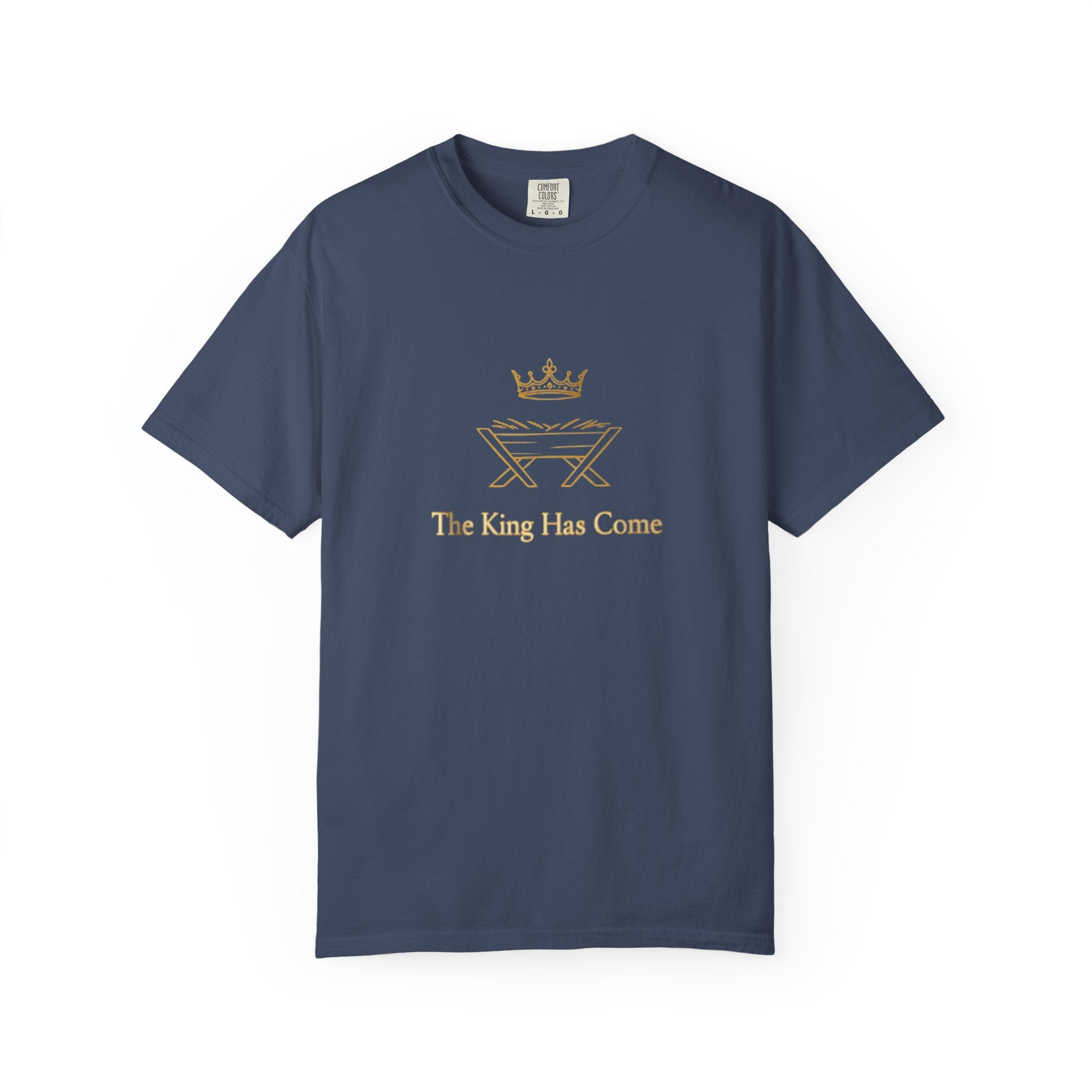 Navy blue t-shirt with gold graphic and text 'The King Has Come' on a white background