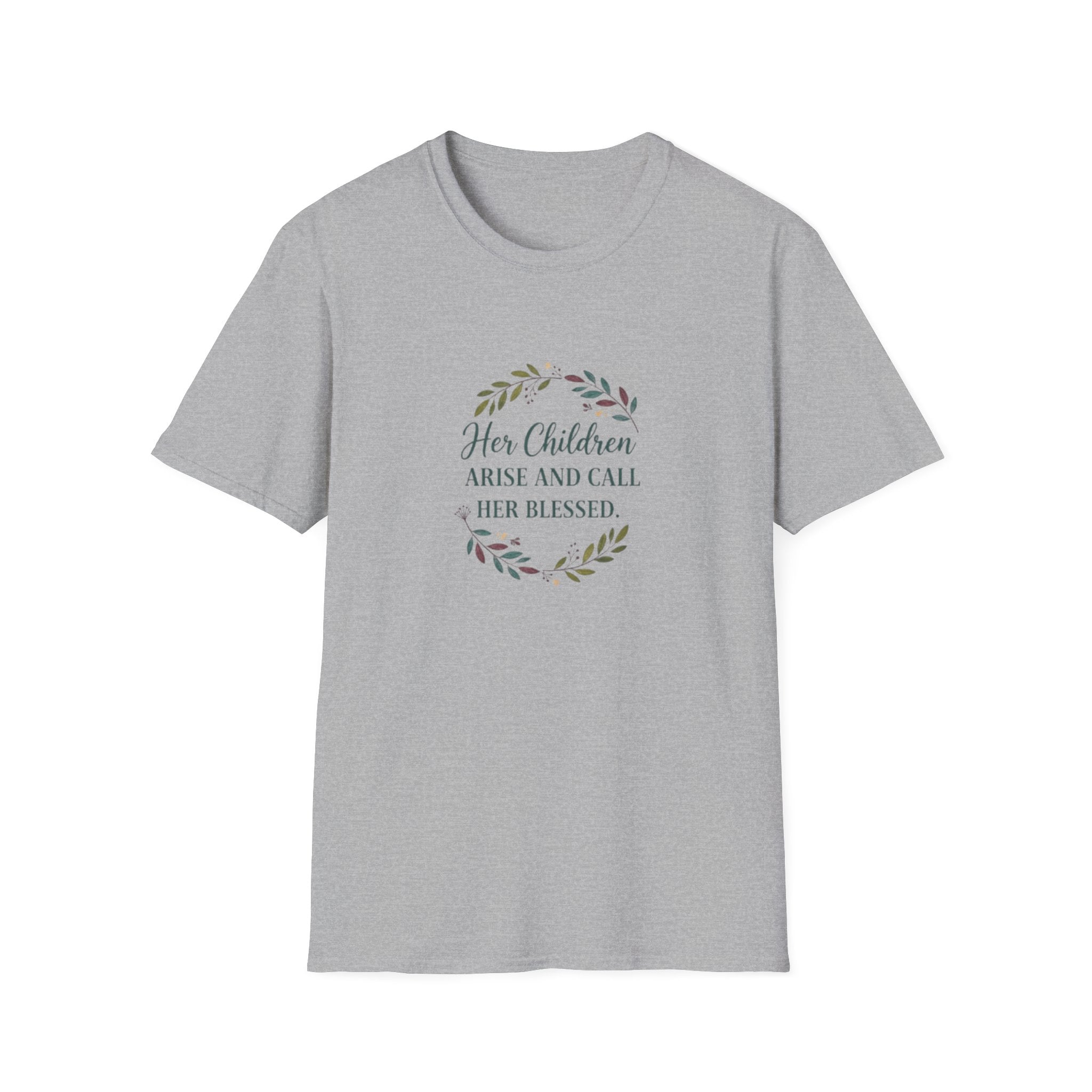 Gray t-shirt with text and floral design on a white background