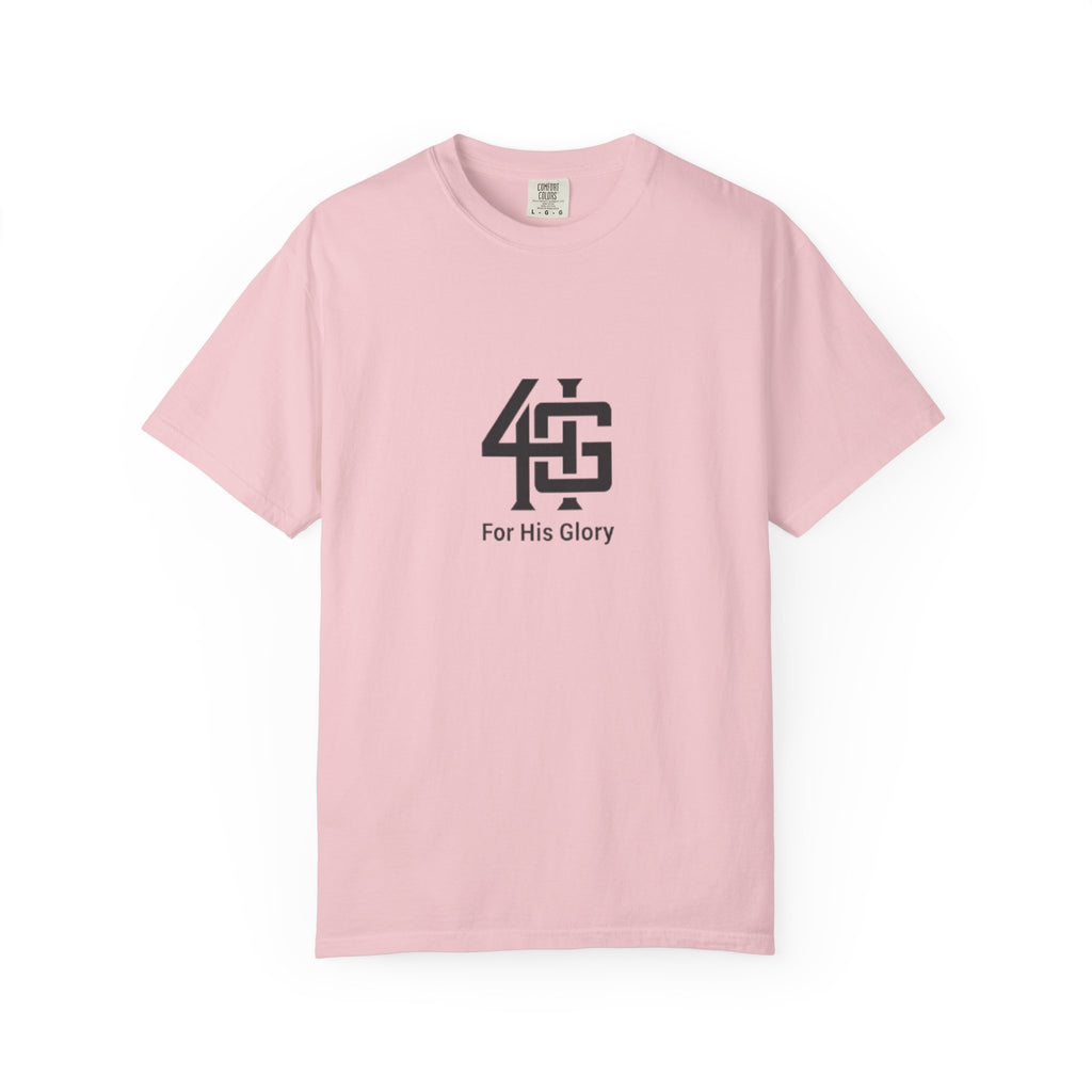 Pink t-shirt with black logo and text on a white background