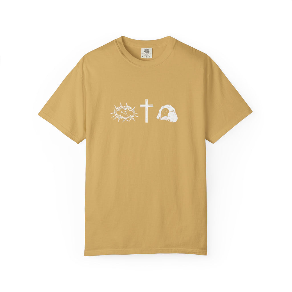 Beige t-shirt with white religious symbols on a white background