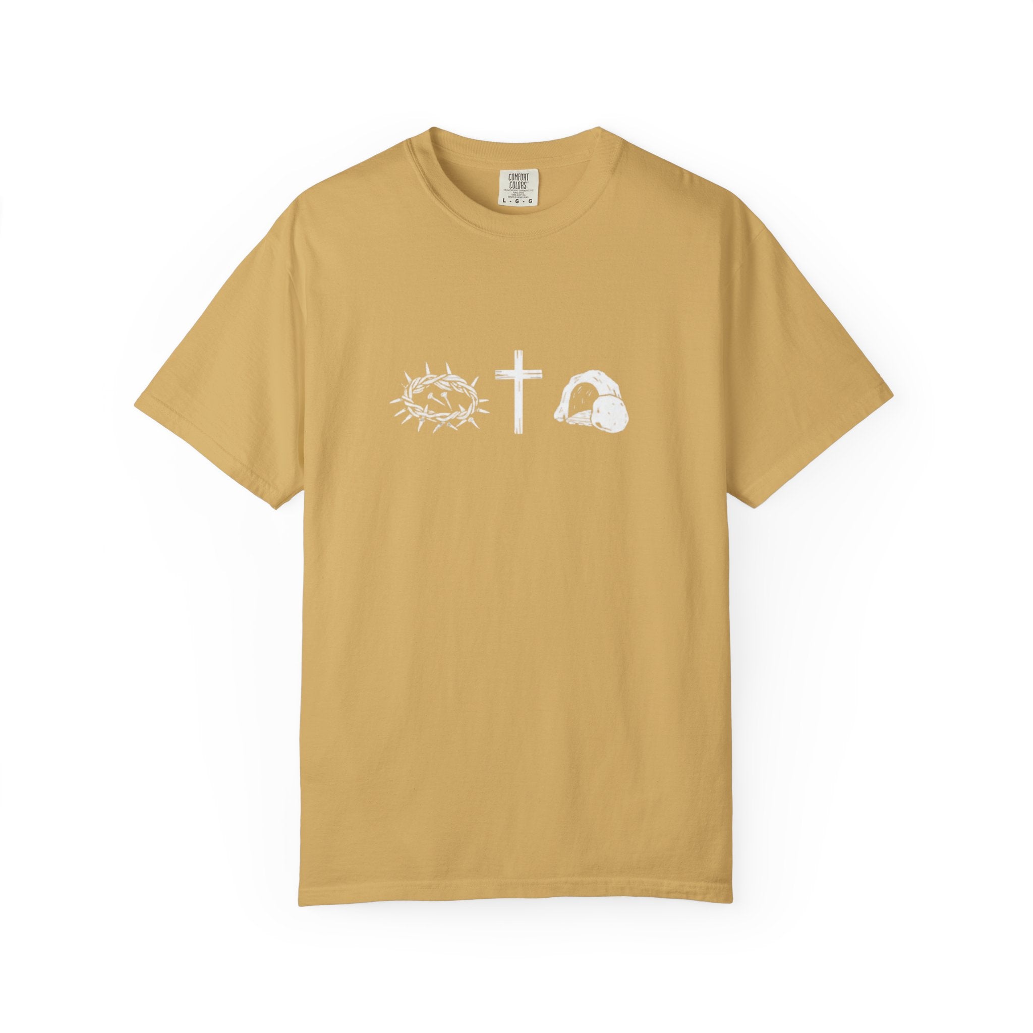 Beige t-shirt with white religious symbols on a white background