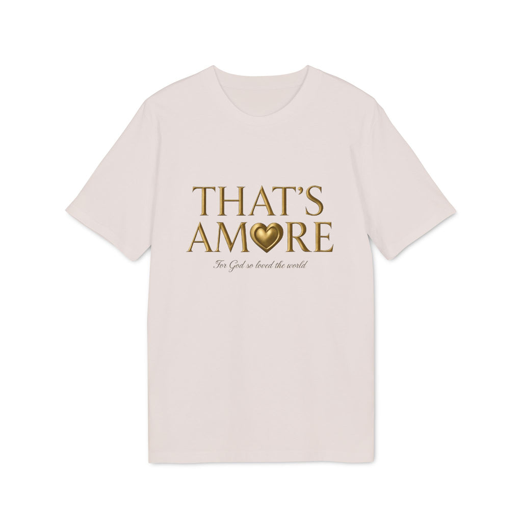 Beige t-shirt with 'THAT'S AMORE' text and heart graphic on a white background