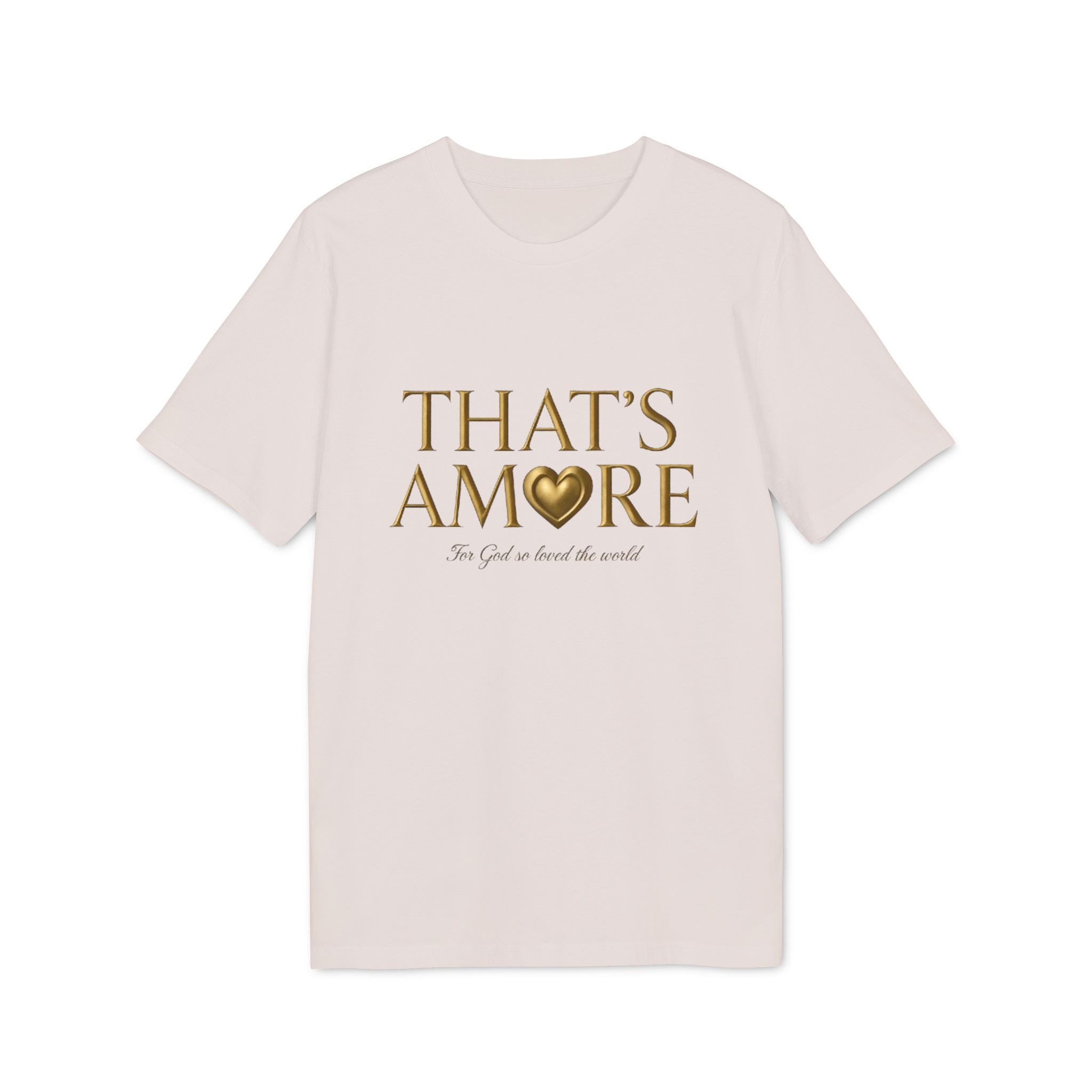 Beige t-shirt with 'THAT'S AMORE' text and heart graphic on a white background