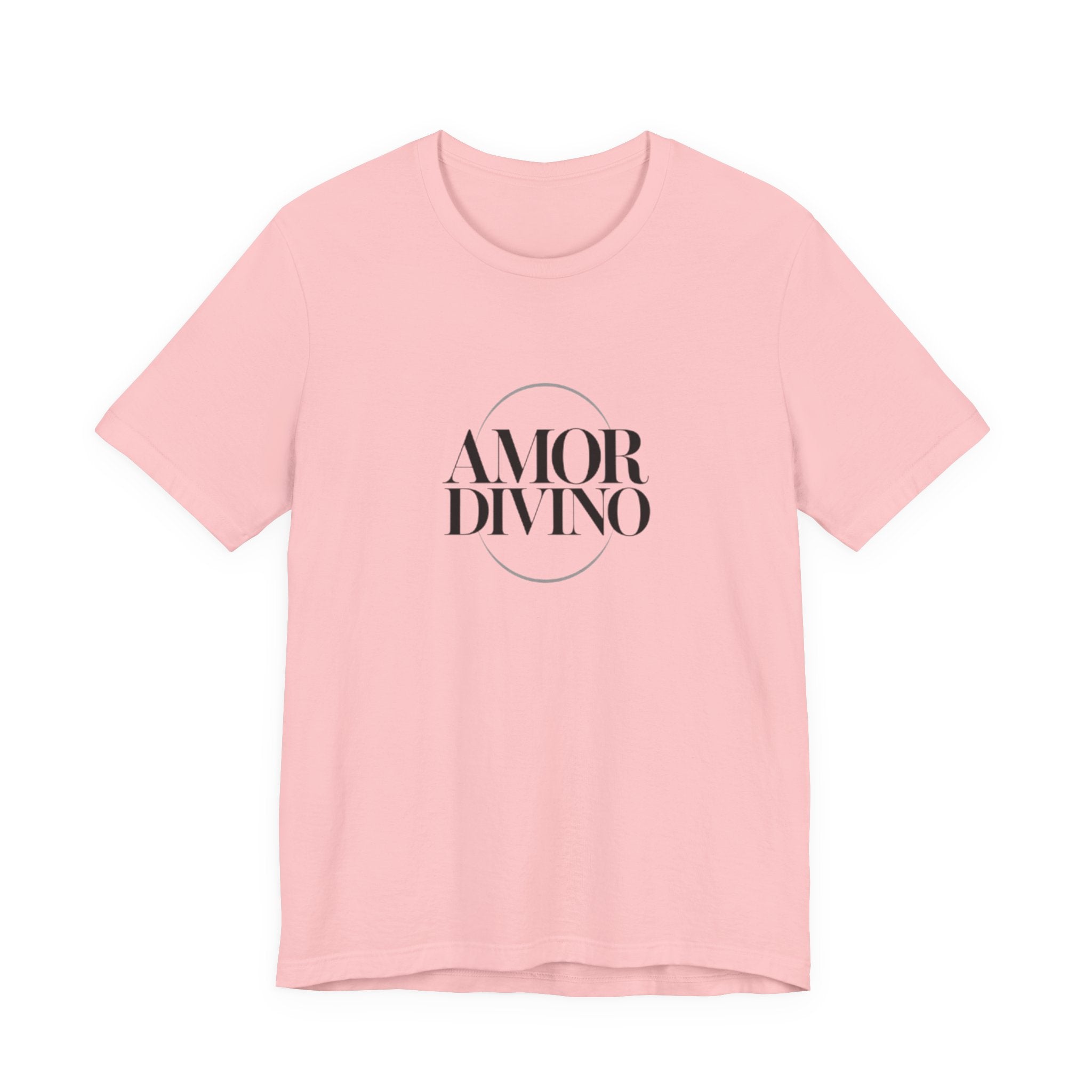 Pink t-shirt with 'AMOR DIVINO' text on a white background