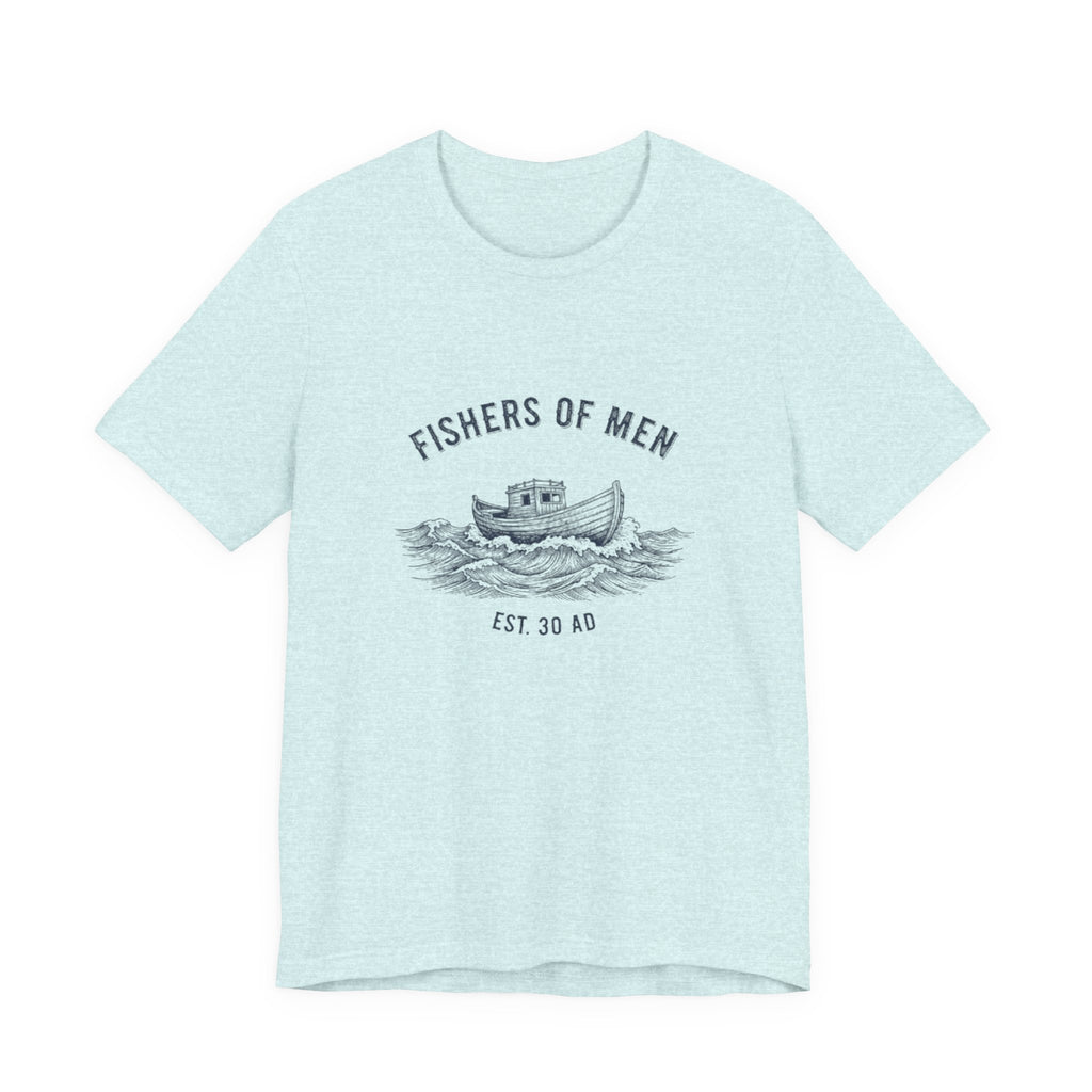 Light blue t-shirt with 'Fishers of Men' graphic on a white background