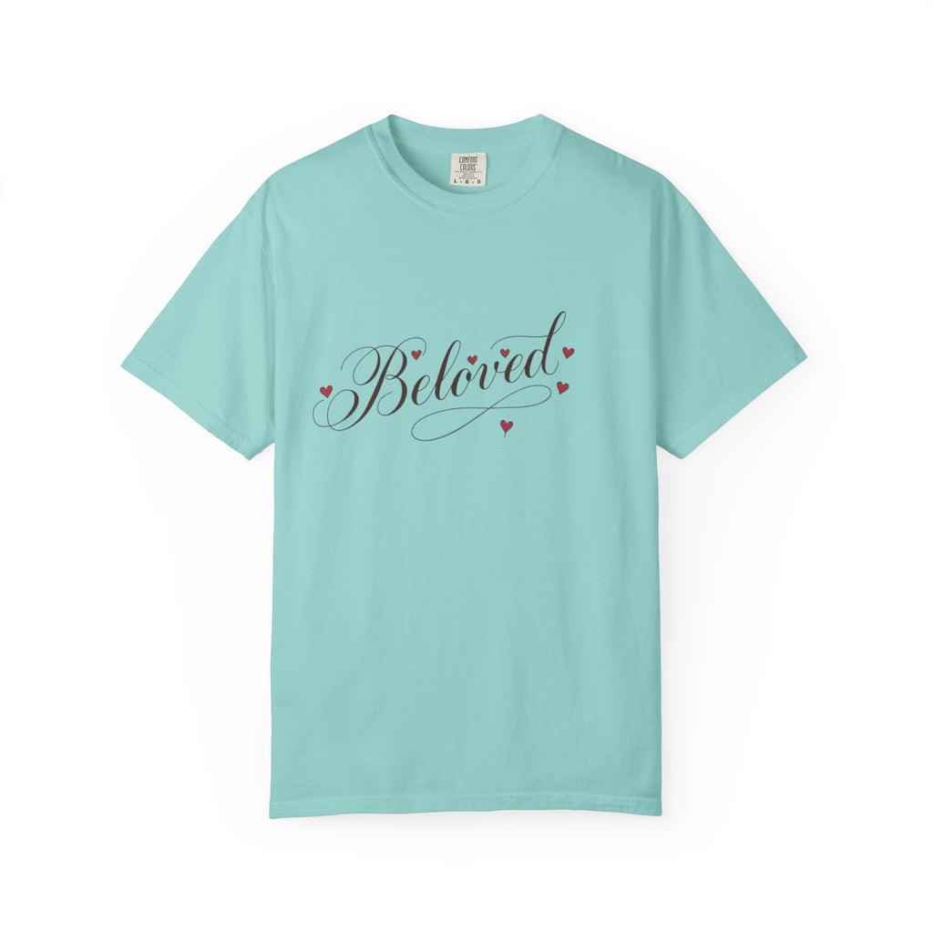 Mint green t-shirt with 'Beloved' text and heart designs on a white background