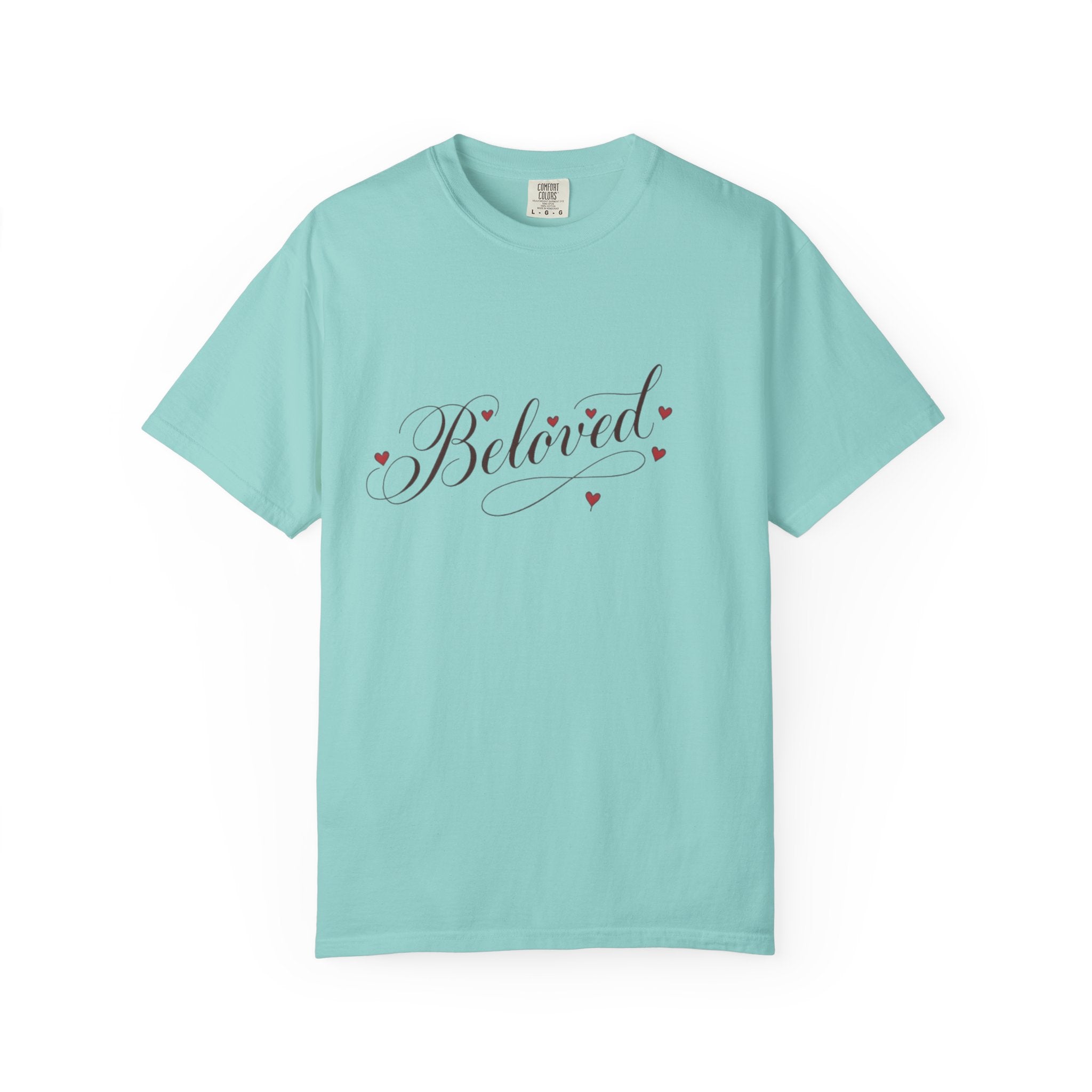 Mint green t-shirt with 'Beloved' text and heart designs on a white background
