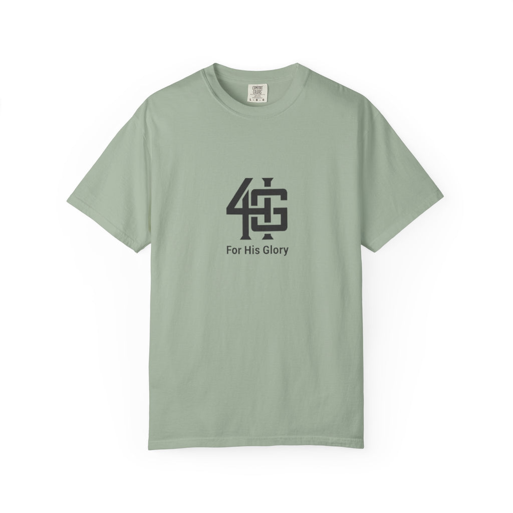 Green t-shirt with black logo and text on a white background