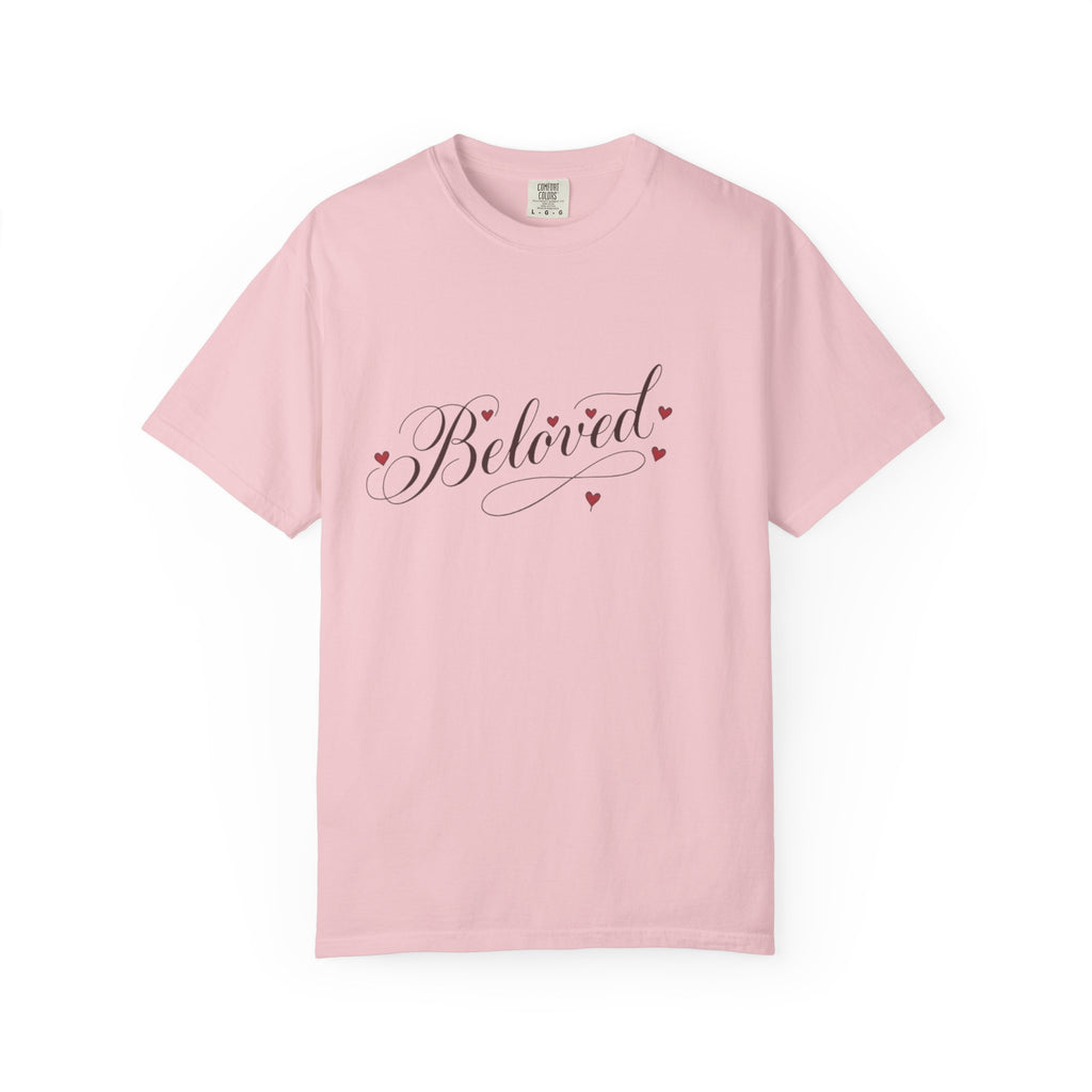 Pink t-shirt with 'Beloved' text and heart designs on a white background