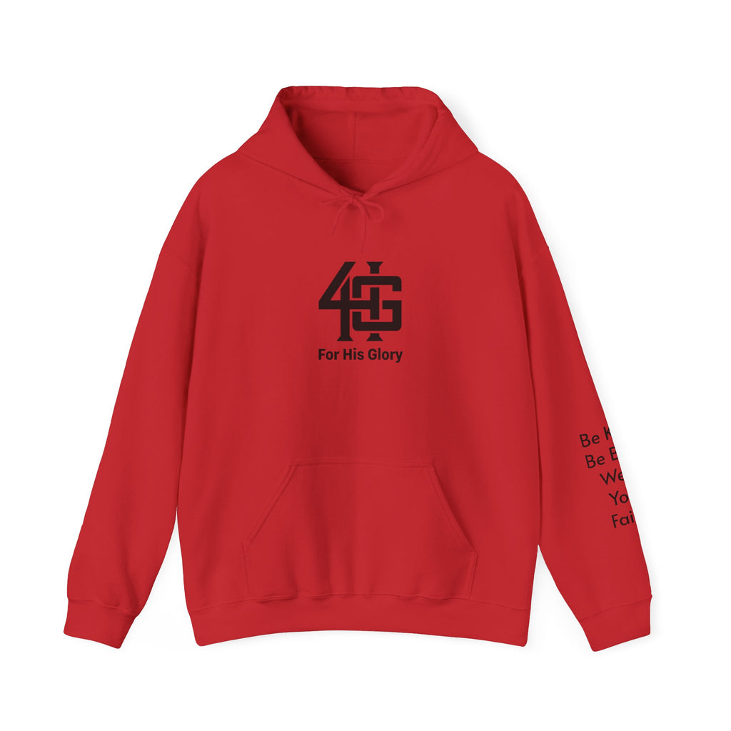 Red hoodie with black logo and text on a white background