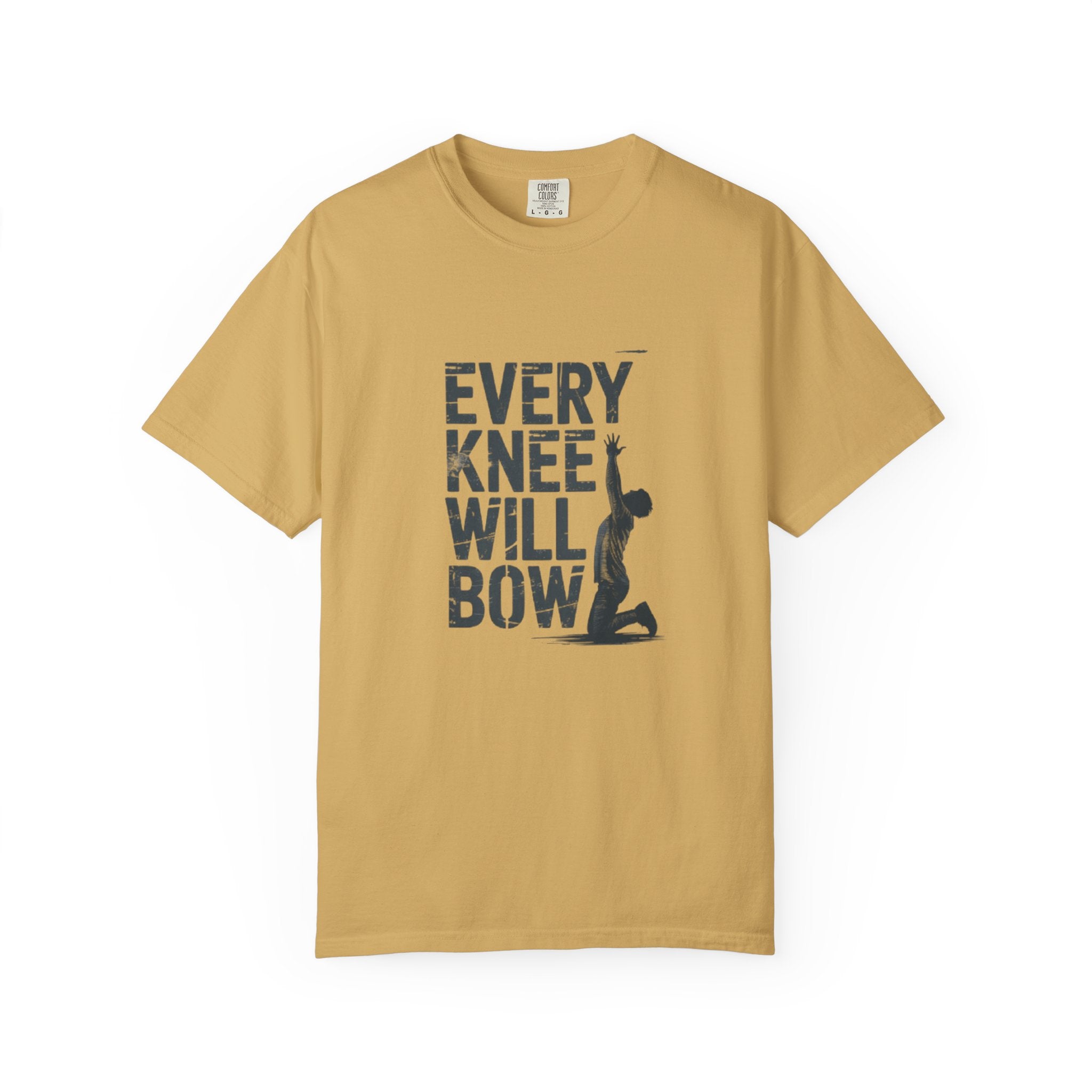Beige t-shirt with 'Every Knee Will Bow' graphic on a white background